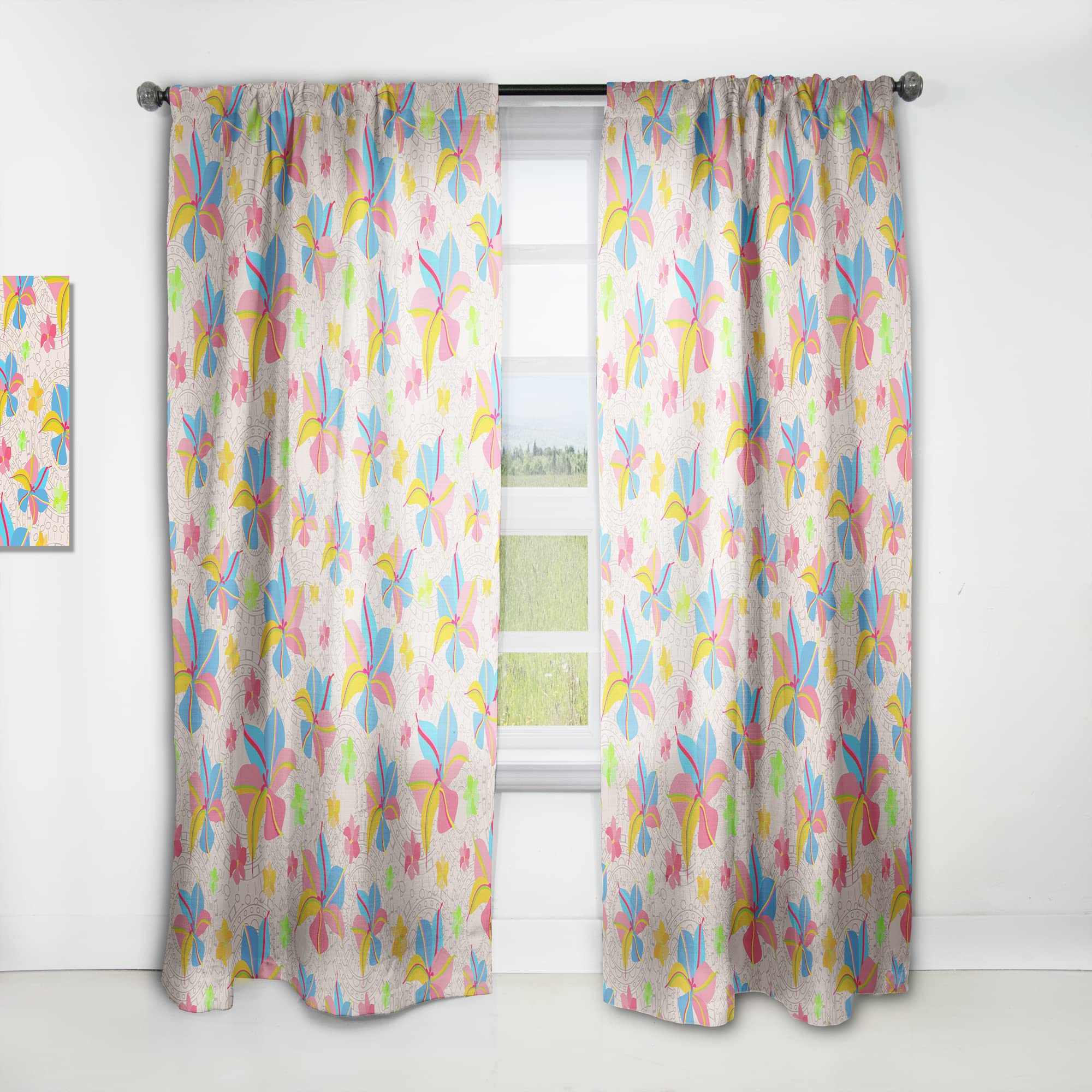 DesignQ Retro Pink Yellow Floral Print Curtains - Thermal Insulated Single Panel (52x108 inches) for Bedroom & Living Room - Light Filtering Window Drapes for Vintage Home Decor
