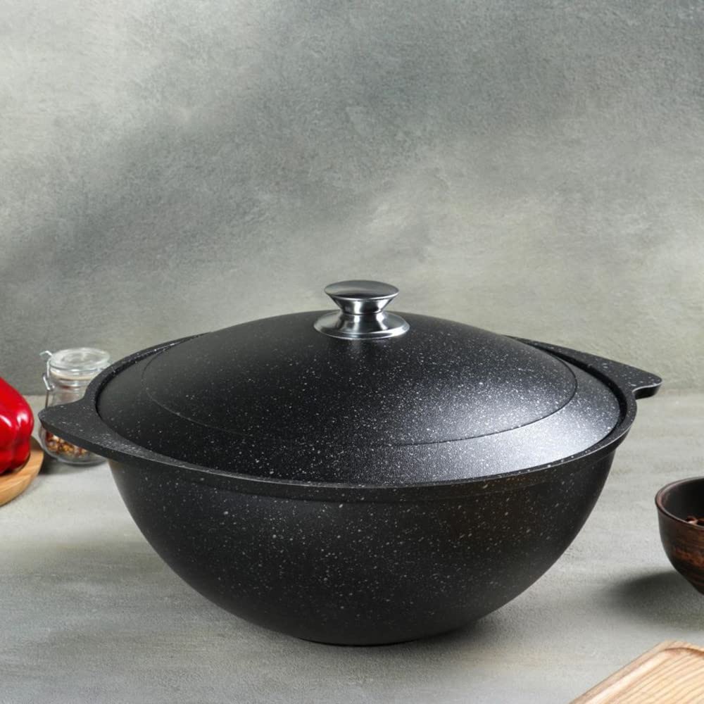 Non-Stick Cast Iron Kazan Pot (9L) – Asian Cauldron for Pilaf, Camping & Outdoor Cooking – Heavy Duty Wok with Glass Lid – Perfect for Home Kitchen & BBQ
