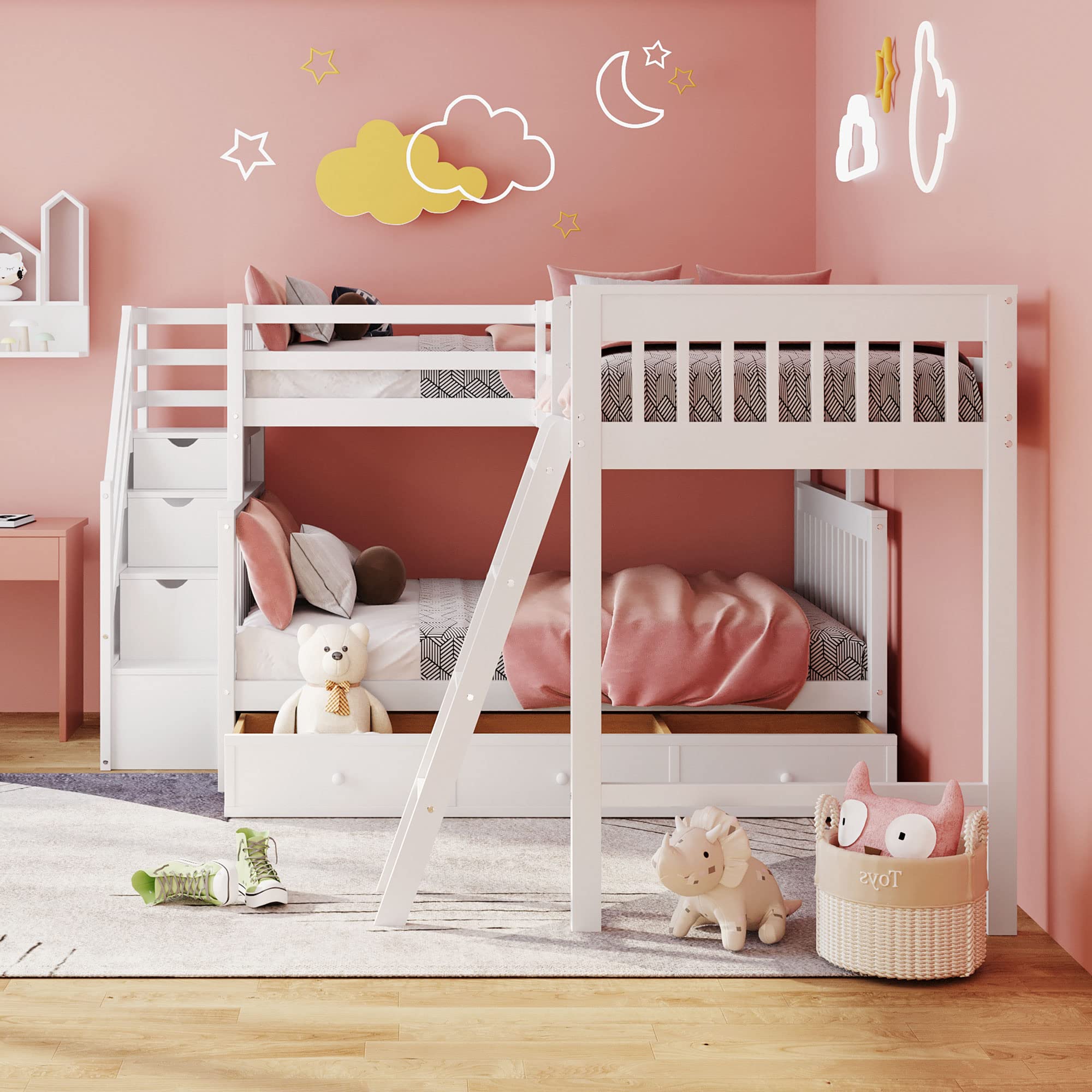 Merax White L-Shaped Triple Bunk Bed with Loft - Twin Over Full Size, Built-in Drawers, Safety Guardrails & Ladder - Space-Saving Kids Bedroom Furniture for Small Rooms & Shared Spaces