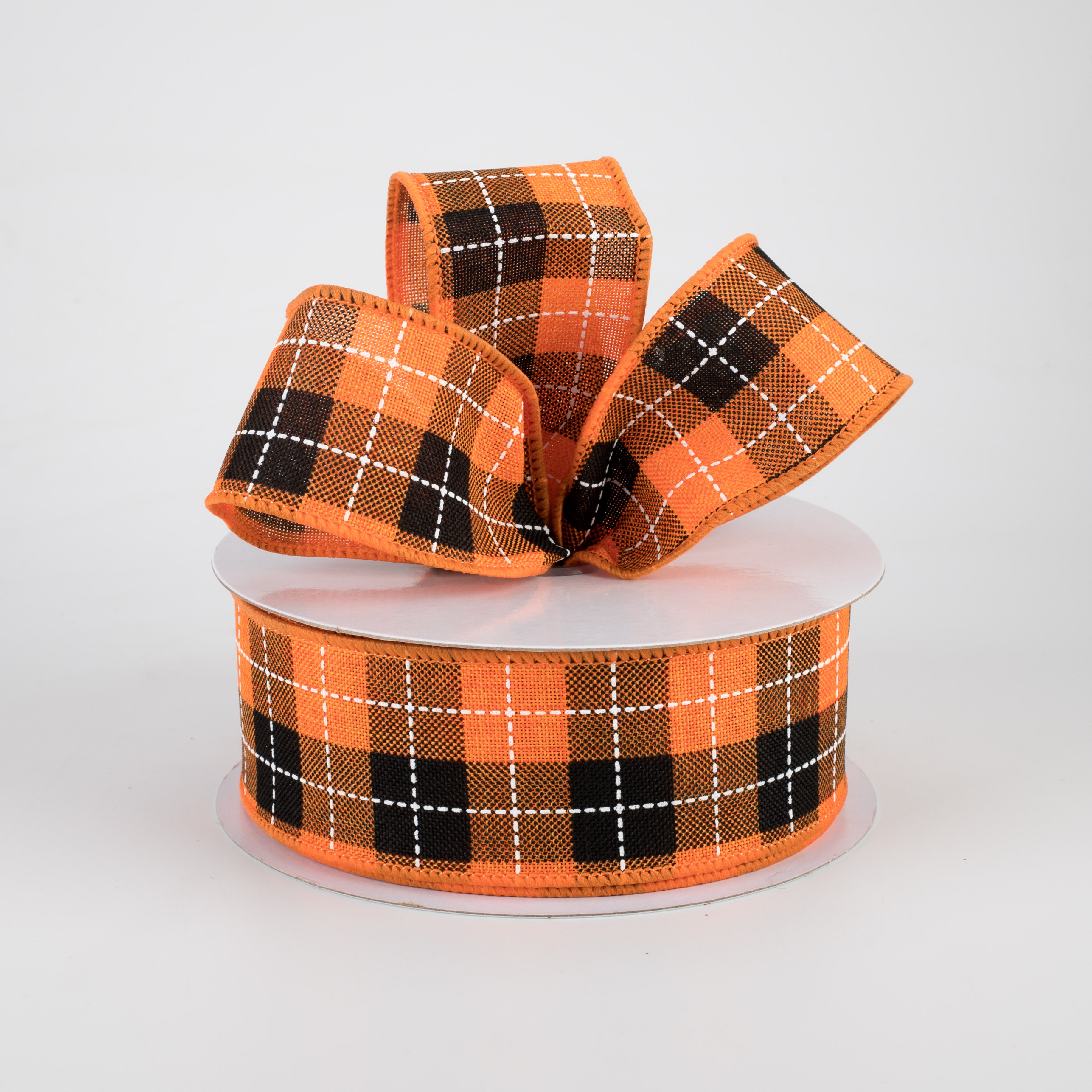 1.5 Inch Printed Woven Check Ribbon - Orange, Black & White - 10 Yards Bulk Roll - Perfect for Gift Wrapping, DIY Crafts, Party Decorations and Scrapbooking
