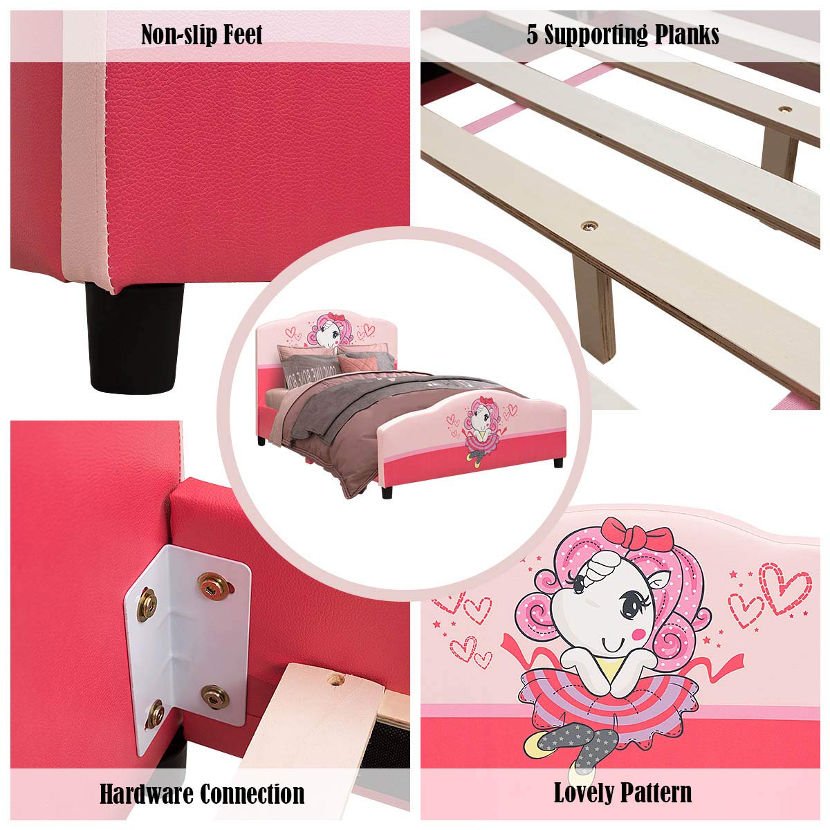 Costzon Twin Bed Frame for Kids - Wooden Upholstered Platform Bed with Slat Support, Padded Headboard & Footboard - No Box Spring Needed - Easy Assembly - Fits Standard Twin Mattress - Perfect for Little Girls' Bedrooms, Playrooms & Sleepovers