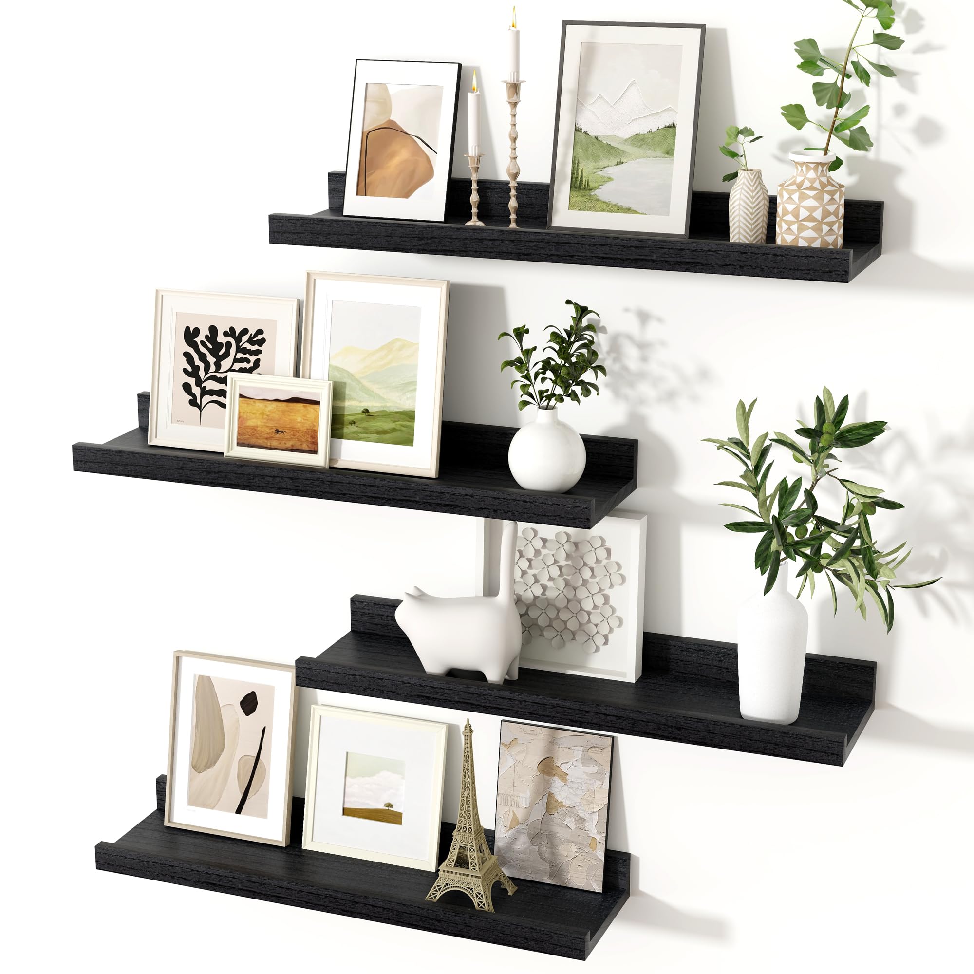 Rustic Black Floating Shelves with Lip - Set of 4 Solid Wood Wall Shelves (24 Inch) for Nursery, Kids Room, Living Room & Bedroom | Perfect for Books, Photos, Decor & Display | Wall Mounted Picture Ledge Shelf for Home Organization