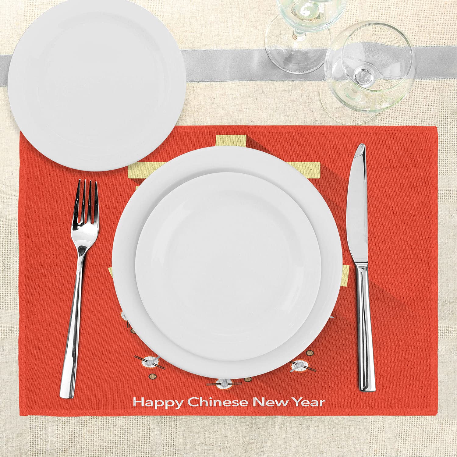 Ambesonne Chinese New Year Place Mats Set of 4 - Traditional Lunar Festival Table Decor with Family Reunion Dinner Design - Washable Fabric Dining Table Mats - Red & Yellow Standard Size - Perfect for Holiday Celebrations, Home Decor, and Festive Gatherings