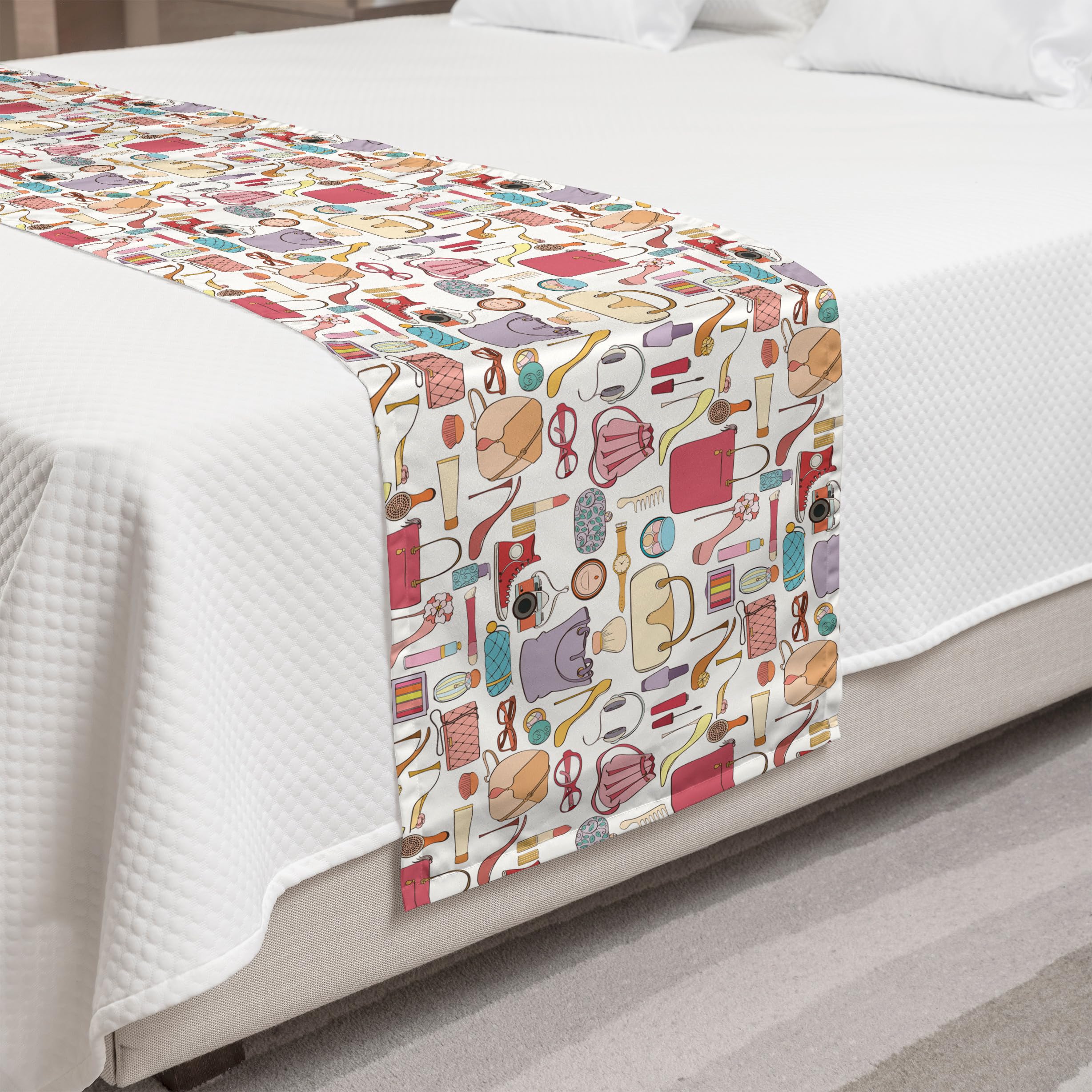 Ambesonne Fashion Bed Runner - Decorative Accent Scarf with Women's Cosmetics & Accessories Design for Hotels, Homes & Guest Rooms | Multicolor Bedding Cover for Queen & King Beds | Perfect for Bedroom Decor, Wedding Gift & Photo Shoots