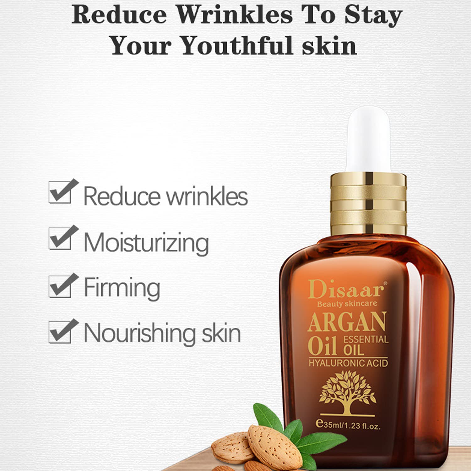 Pure Moroccan Argan Oil with Hyaluronic Acid - Anti-Aging, Anti-Wrinkle, Moisturizing & Repairing Facial Serum (35ml/1.23oz) - For Dry Skin, Night Care & Daily Hydration