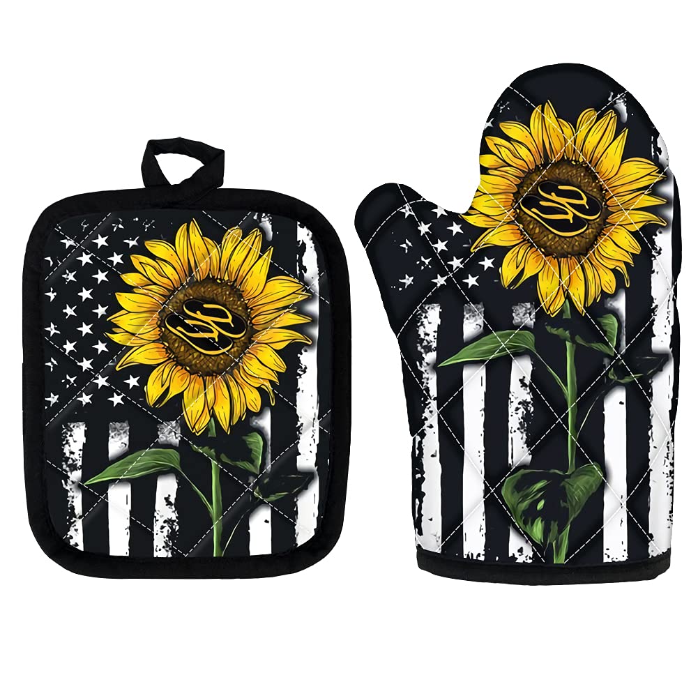 American Flag Sunflower Oven Mitts Set - Heat Resistant Kitchen Gloves for Cooking, Baking & BBQ - Perfect for 4th of July Parties, Home Decor & Holiday Gifts