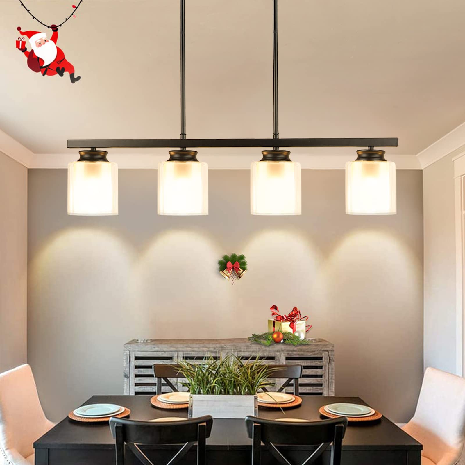 Vintage Farmhouse Pendant Light Fixture - 4-Light Metal Chandelier with Glass Shade, E26 Base - Perfect for Kitchen Island, Dining Room, Foyer, Restaurant & Bar Lighting
