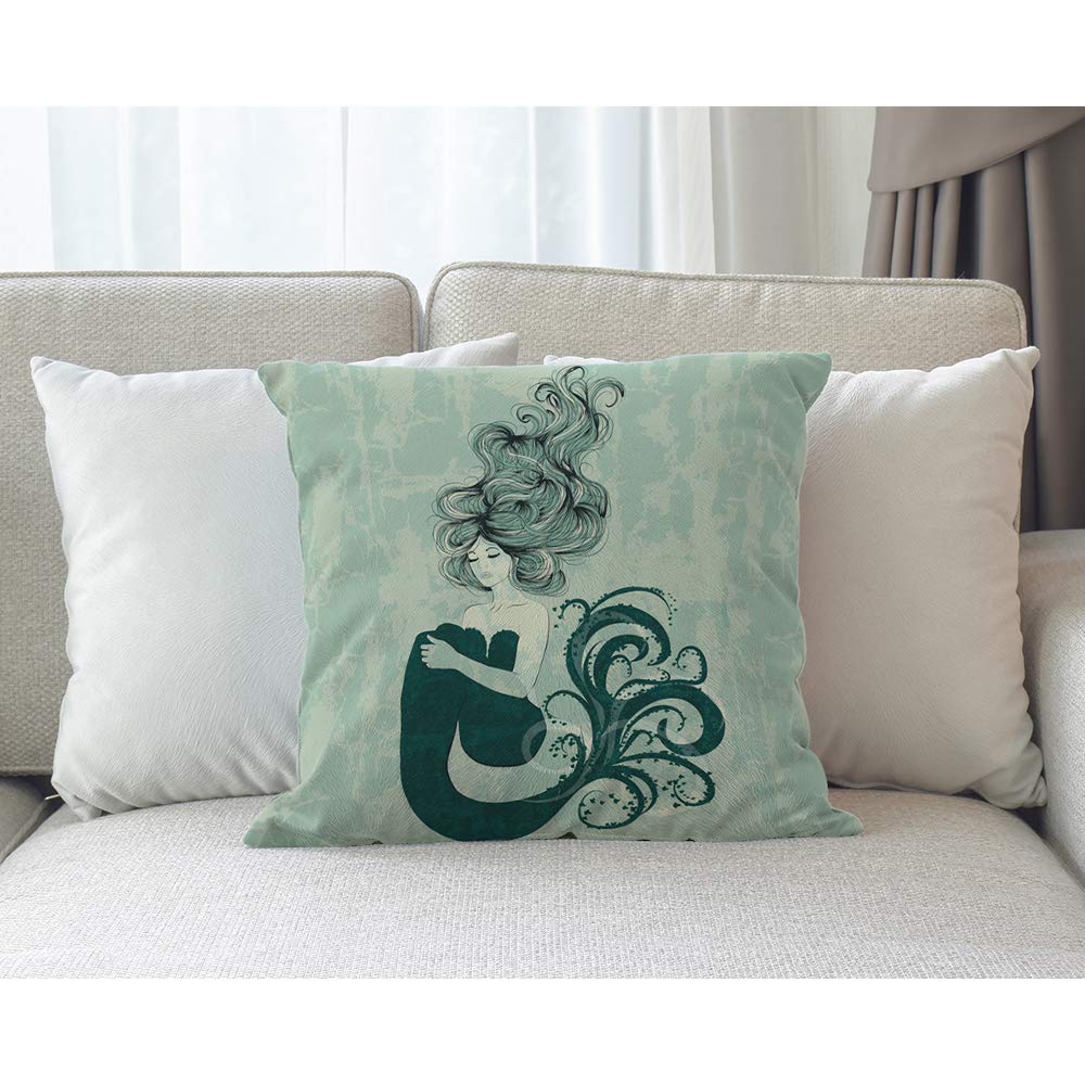 Mermaid Decorative Throw Pillow Cover - 18x18 Inch Blue Cotton Linen Square Cushion Case for Sofa, Bed, Living Room - Perfect for Coastal, Nautical & Mermaid-Themed Home Decor