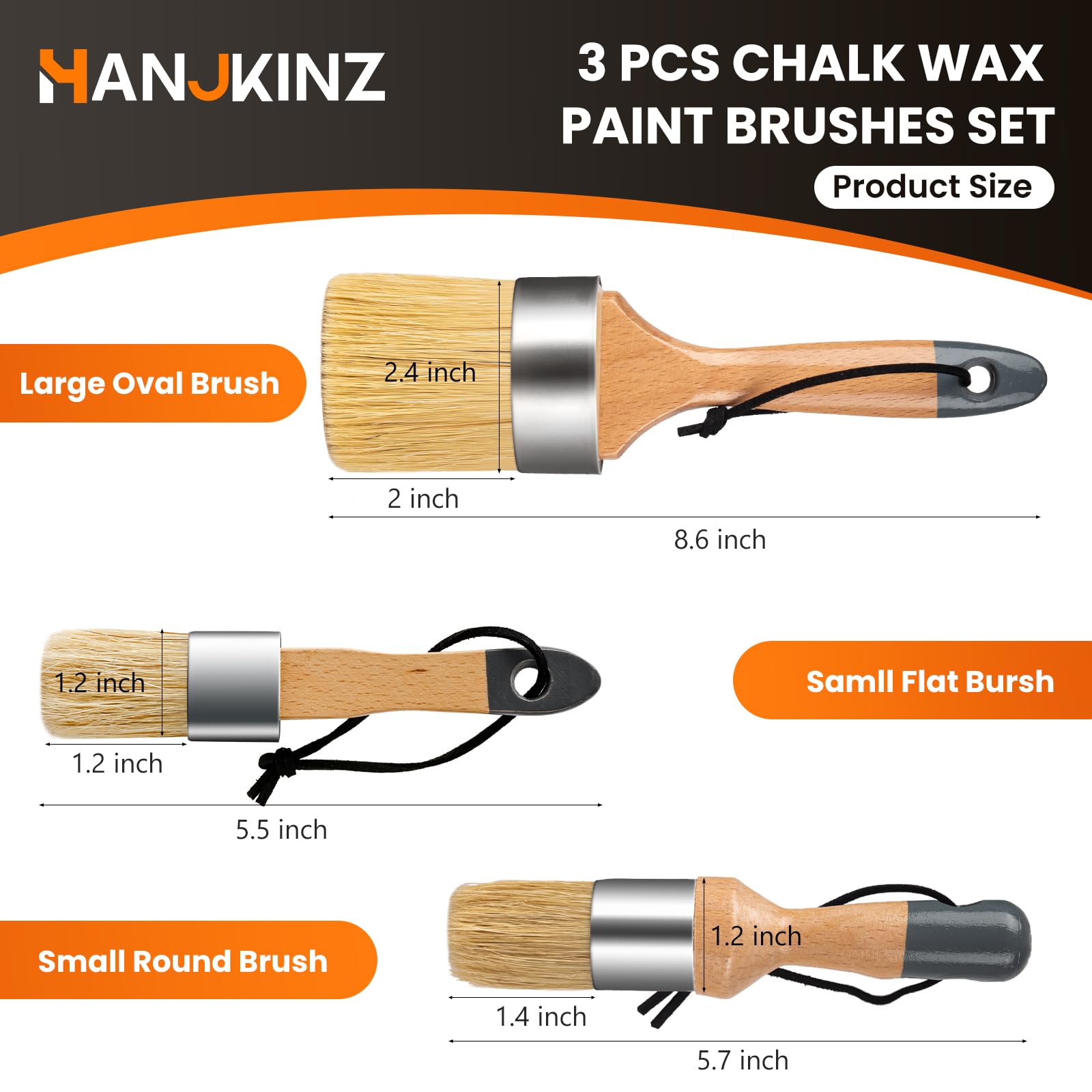 3-Piece Natural Bristle Chalk & Wax Paint Brush Set for Furniture, Milk Paint, Stenciling - Perfect for DIY Home Decor, Cabinets, Woodworking & Craft Projects