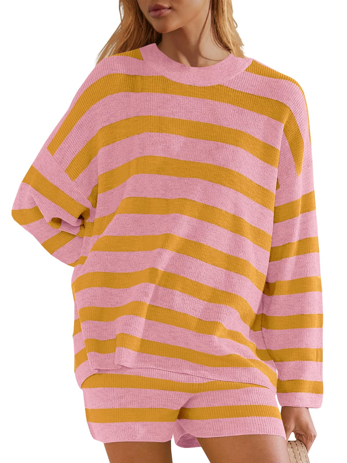 Panadila Women's Striped Sweater Set - Oversized Lounge Wear Matching Pajama Set with Long Sleeve Top and Shorts - Cozy Outfit for Home, Sleepwear & Casual Wear