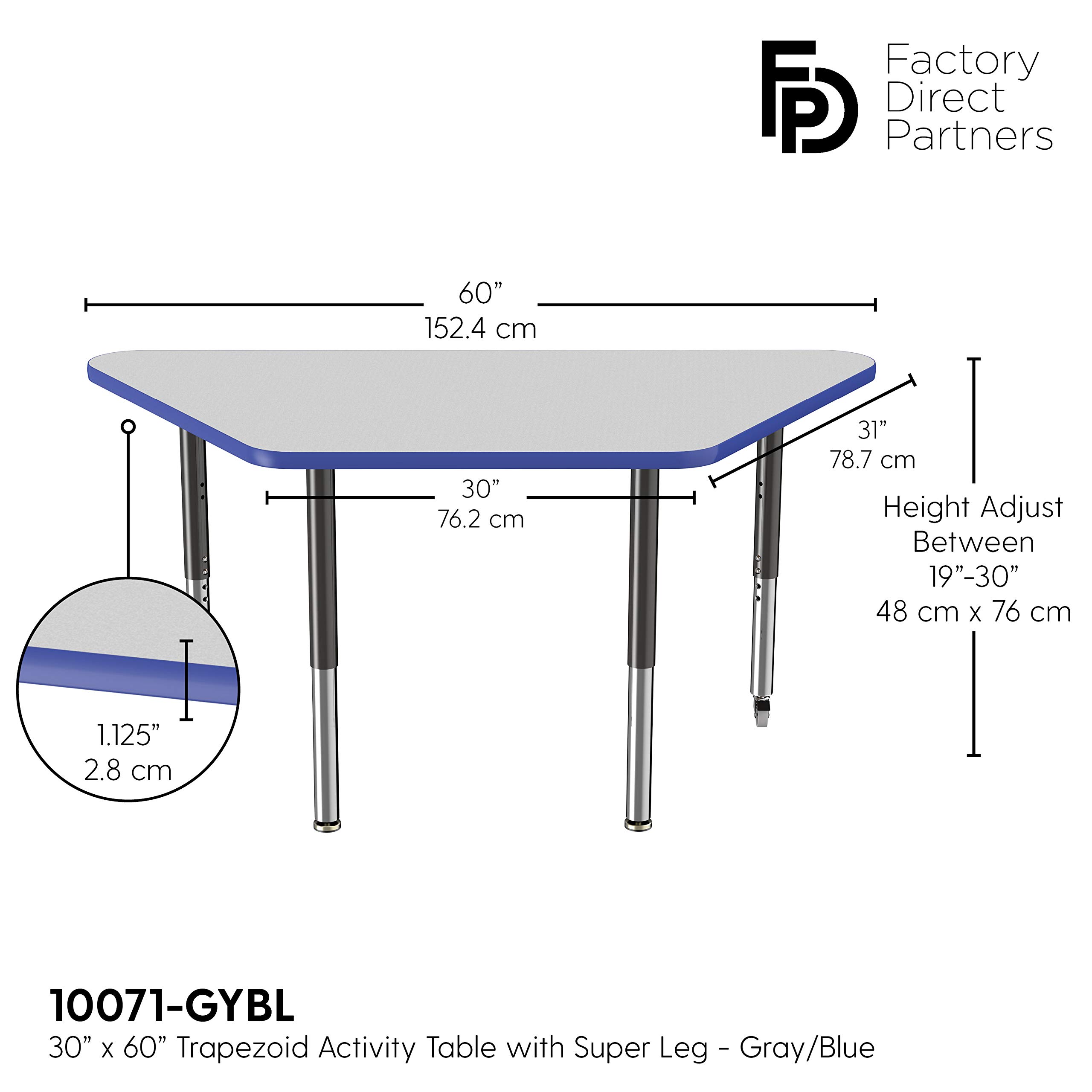 FDP Adjustable Height Mobile Trapezoid Activity Table - 30 x 60 Inch School & Office Desk with Casters, Gray Top & Blue Edge for Collaborative Workspaces | Perfect for Classrooms, Meeting Rooms & Coworking Spaces