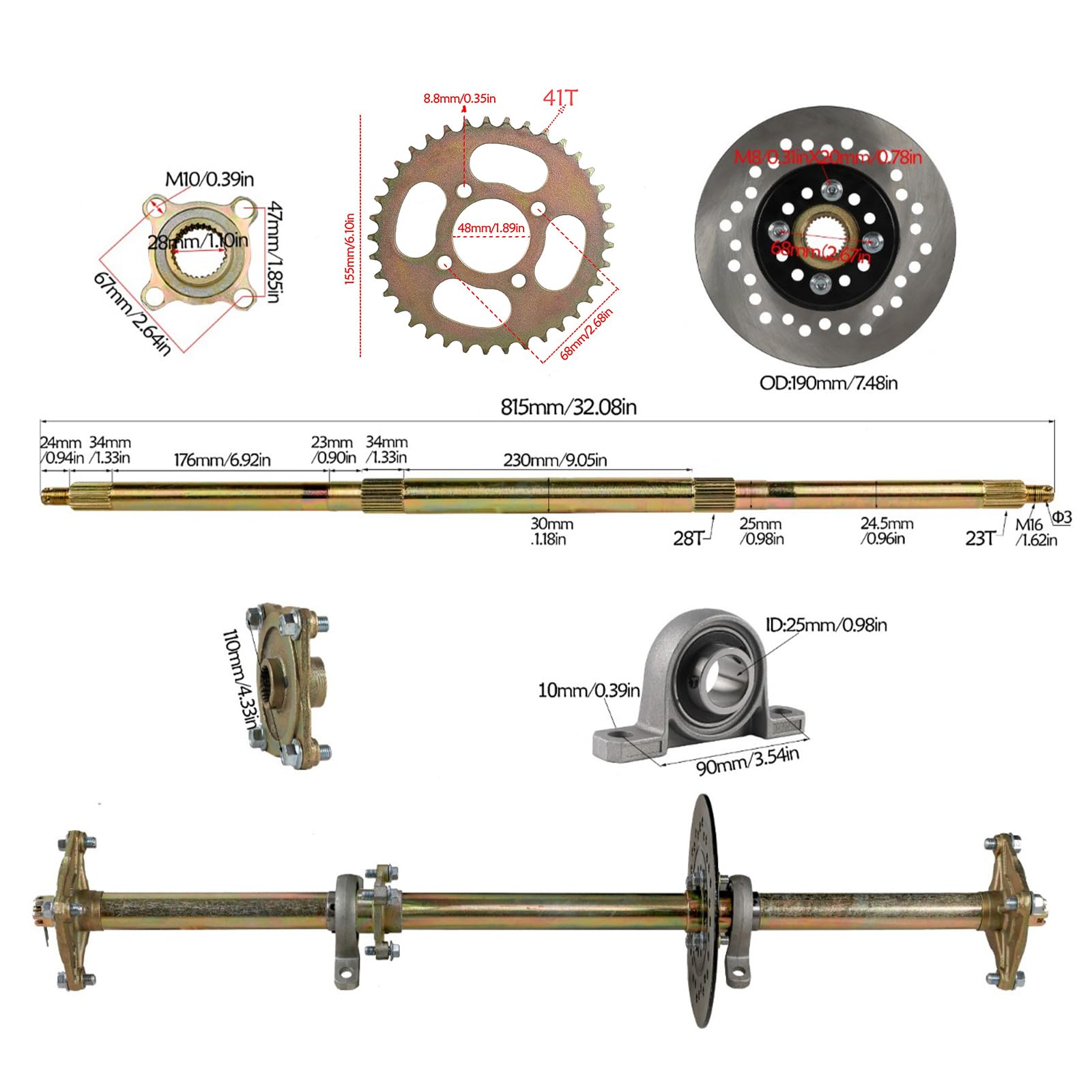 Universal 810mm 32in Rear Axle Shaft Kit with Chain Sprocket, Pillow Block & Racing Wheels - 10x4.50-5 Front Rain Tire & 11x7.10-5 Rear Tire Rim (3 Stud) - Compatible with Go Karts, ATV Quads, Trikes & Golf Carts - Ideal for Racing, Off-Roading & Utility Vehicles