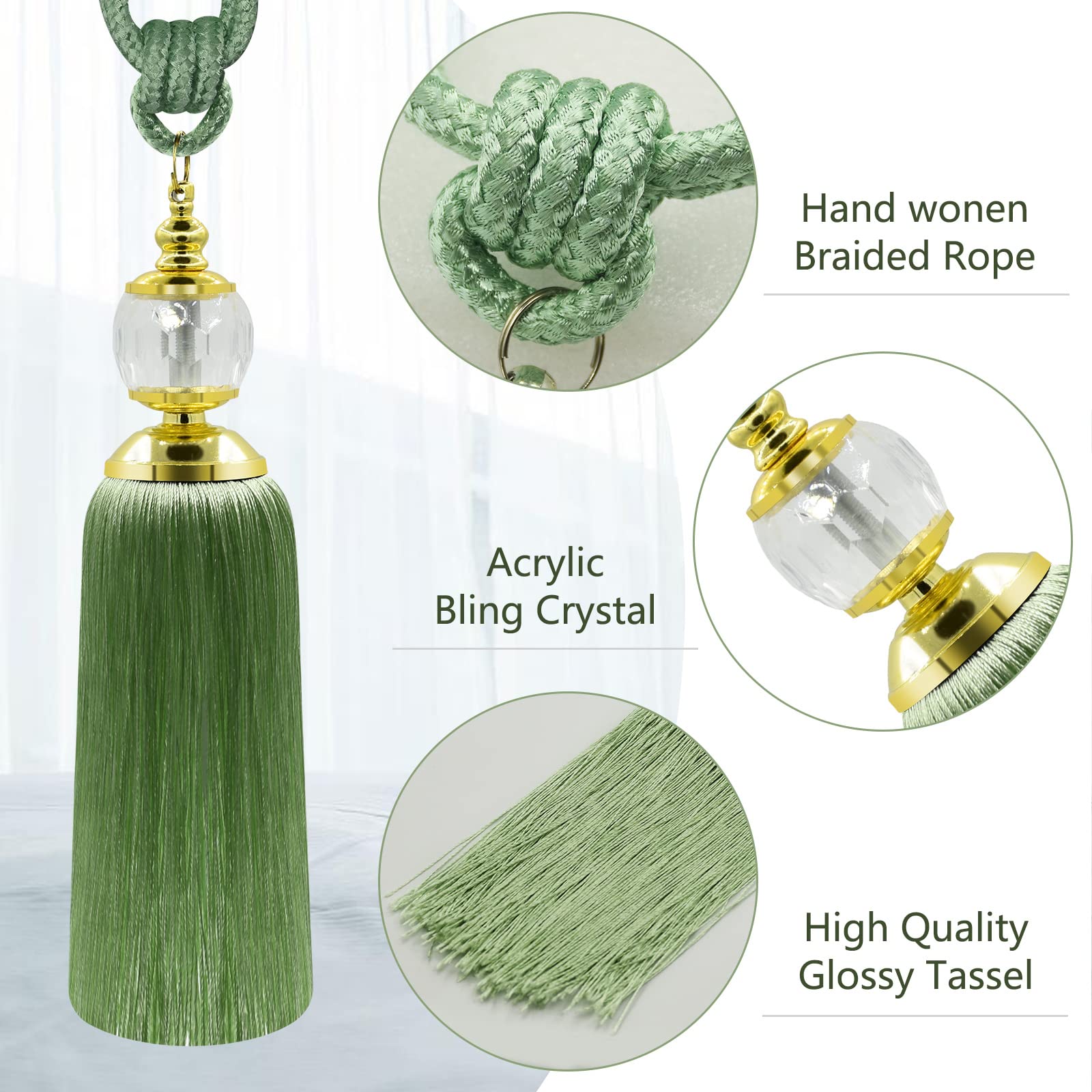 Boho Handmade Crystal Tassel Curtain Tiebacks - 2 Pack Farmhouse Decorative Curtain Holders for Drapes & Sheer Curtains | Perfect for Living Room, Bedroom & Outdoor Window Decor