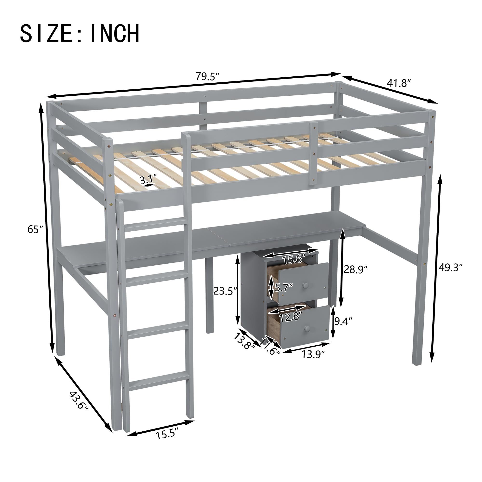 Merax Twin Size Wood Loft Bed with Built-in Desk, 2-Drawer Storage Cabinet, Guardrails & Ladder - Space Saving Bed for Small Bedroom, Dorm or Guest Room (Grey) - Perfect for Study, Sleep & Storage in Compact Spaces