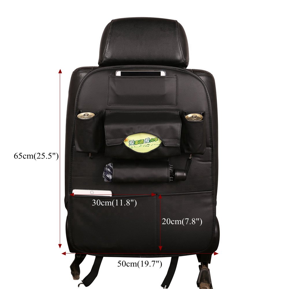 HCMAX 2 Pack Car Seat Back Organizer - PU Leather Storage Pocket with iPad Mini Holder, Cup Holders & Tissue Box - Backseat Protector & Kick Mat for Travel Accessories (Black) - Perfect for Road Trips, Family Vacations & Daily Commutes