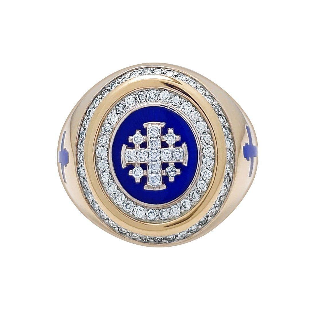 14K Gold Men's Jerusalem Cross Signet Ring with Diamonds & Blue Enamel - Luxury Religious Jewelry for Gifts, Weddings & Special Occasions
