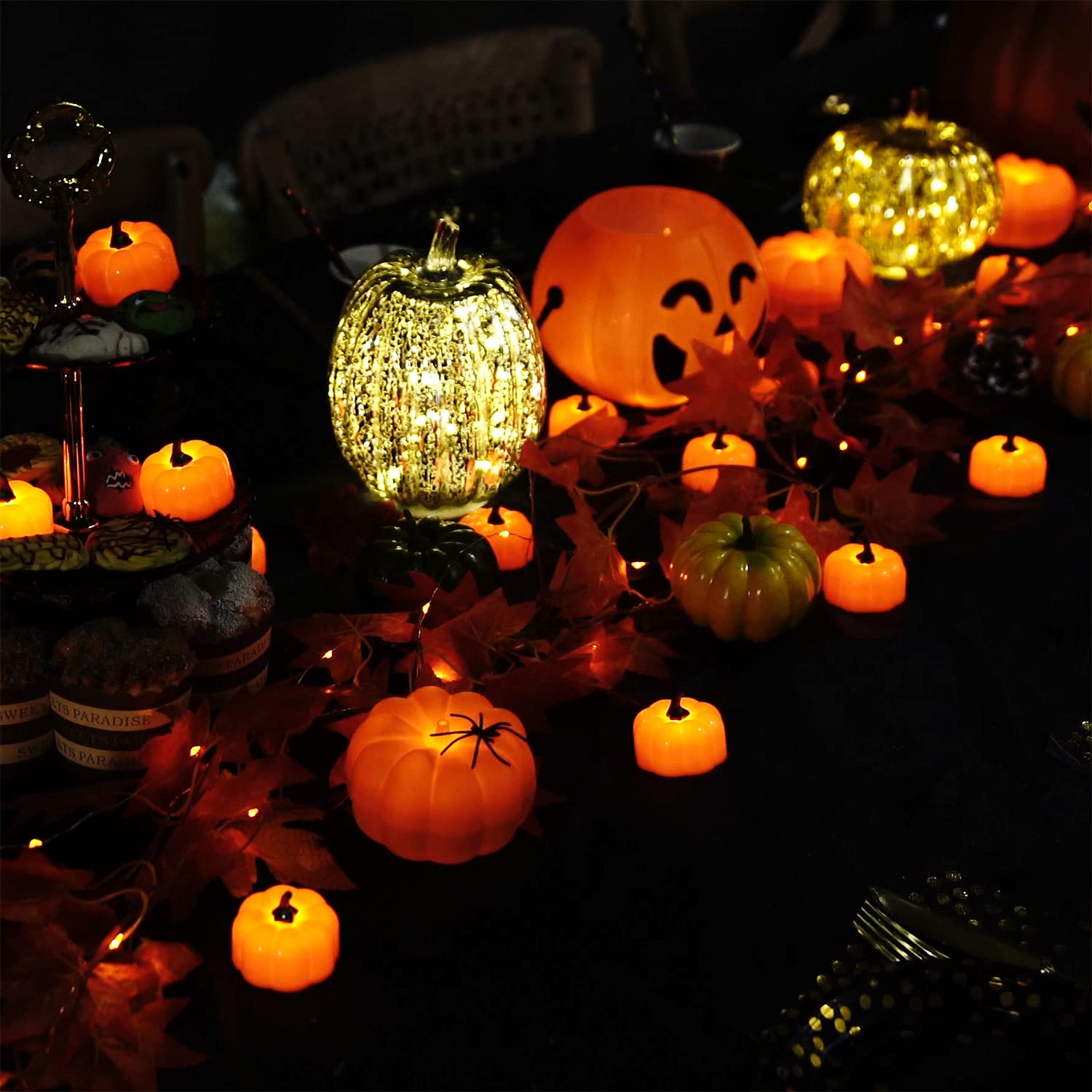 Homemory 24 Pack LED Pumpkin Lights - Battery Operated Halloween Decorations, Orange Jack O' Lantern Tea Lights for Indoor/Outdoor Halloween Party Decor