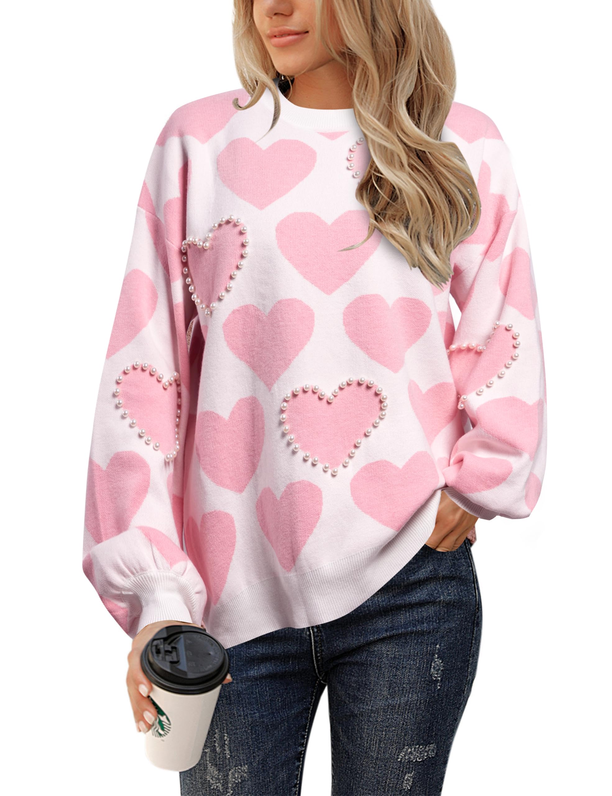 Valentine's Day Sweater for Women - Heart Graphic Knit Sweatshirt Oversized Crewneck Top | Cute Gift for Girlfriend, Wife, Date Night & Couples Matching Outfits