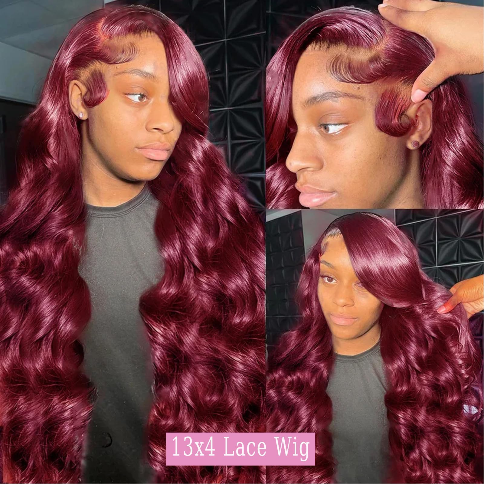 28 Inch 99J Burgundy HD Lace Front Wig - 13x4 Pre-Plucked Human Hair Wigs with Body Wave, 180% Density, Glueless Frontal Wig for Women (Wine Red) - Perfect for Daily Wear, Parties, Cosplay & Special Occasions