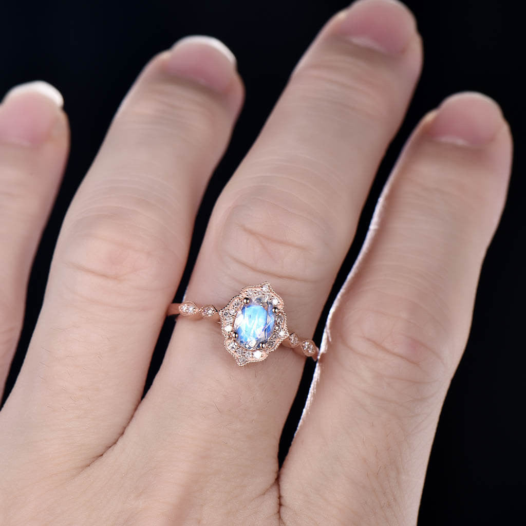 Vintage Moonstone Halo Engagement Ring - Rose Gold Milgrain Faceted June Birthstone Jewelry for Wedding, Proposal & Anniversary Gifts