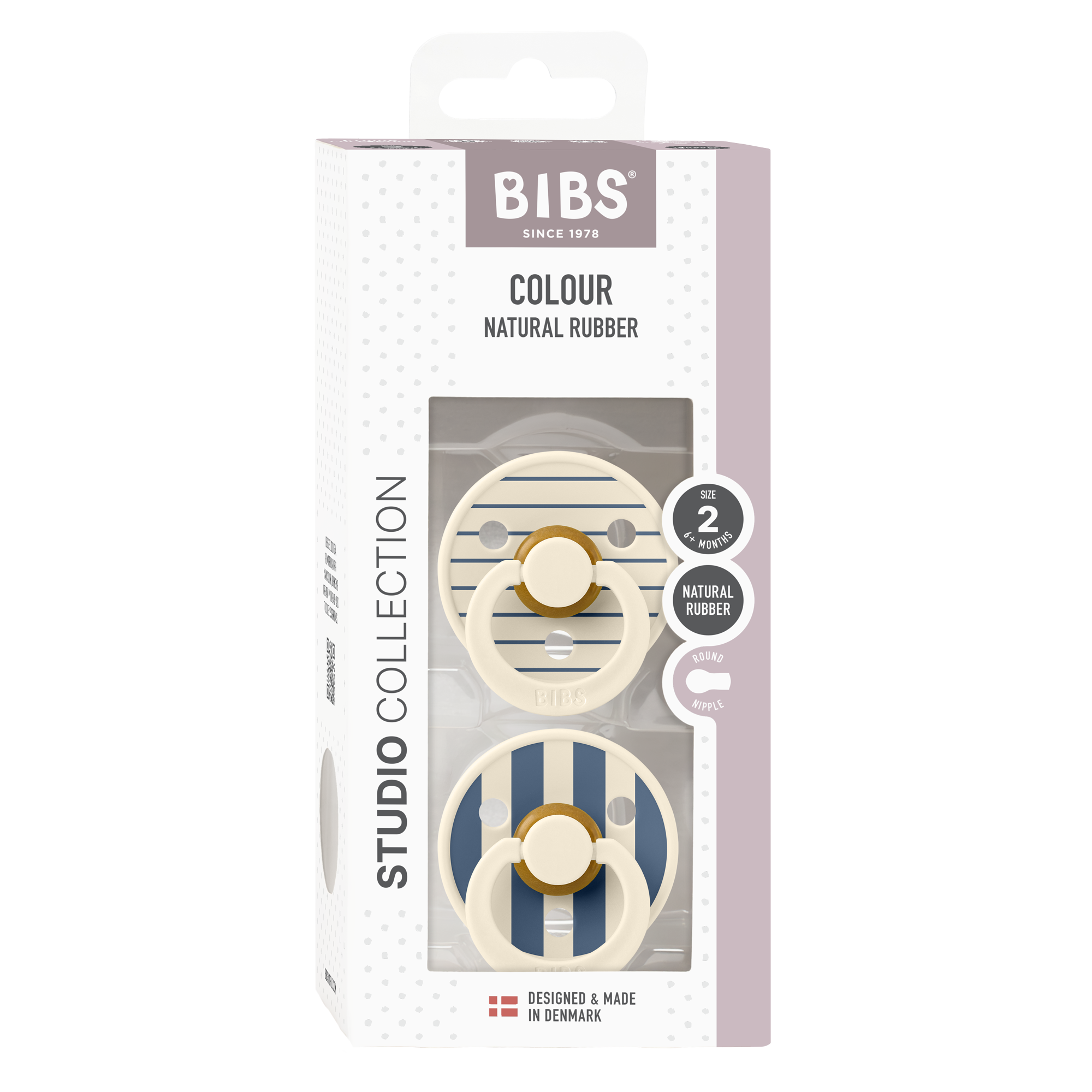 BIBS Studio Collection Round Pacifiers - Twin Pack (Pinstripe) - Soothing Baby Dummies for Newborns & Infants - Perfect for Daycare, Travel & Bedtime Comfort