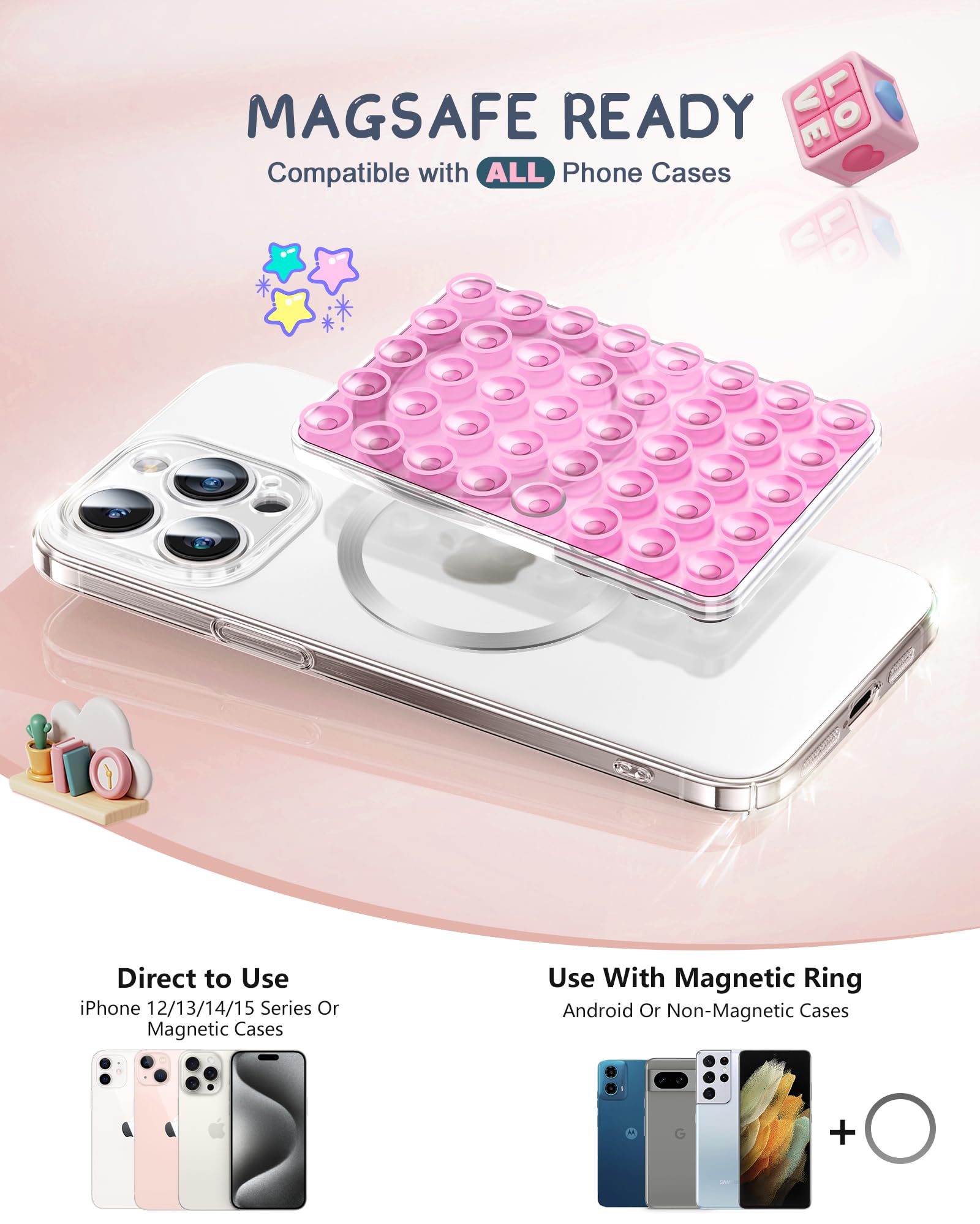 Magnetic Suction Cup Phone Mount for iPhone & Android - Silicone Sticky Grip with Magnetic Ring, Double Sided Suction Phone Holder for Selfies, Videos & TikTok (Pink Floral Design) - Perfect for Car Dashboard, Office Desk & Hands-Free Video Calls
