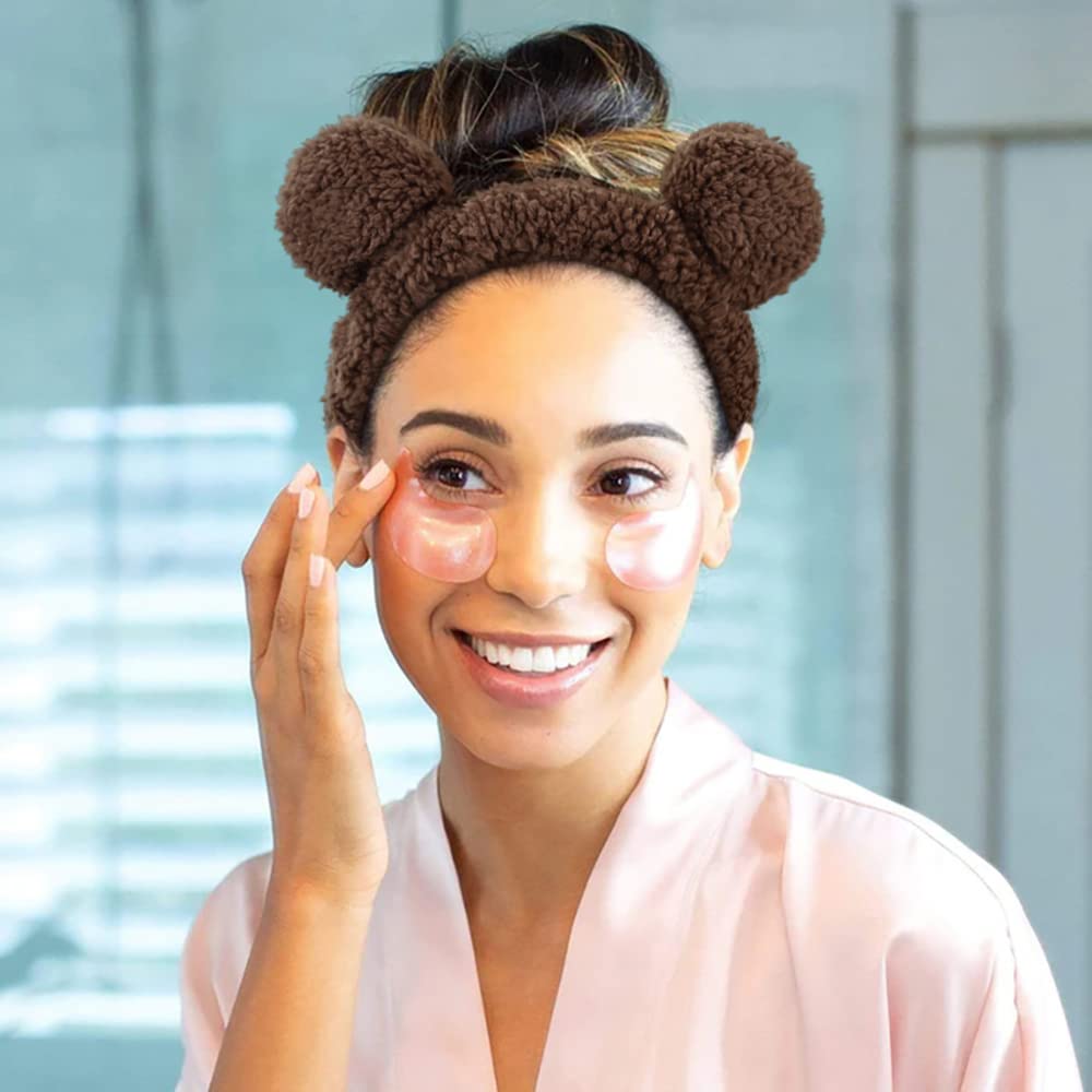 Huachi Spa Headbands for Women & Girls - Soft Elastic Fluffy Bear Ears Hair Band for Face Washing, Makeup & Skincare | Korean Beauty Accessories (Brown) | Perfect for Spa Days, At-Home Skincare Routines & Self-Care Moments