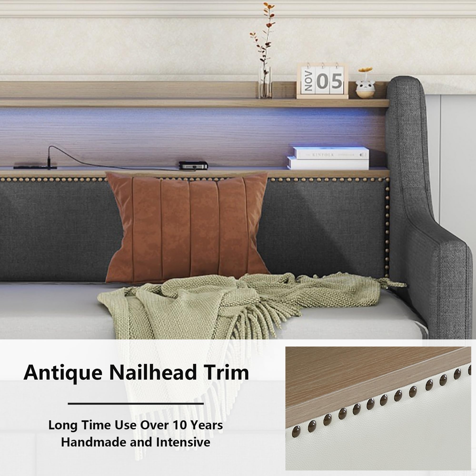LUSPAZ Twin Size PU Leather Upholstered Daybed with 2 Storage Drawers & LED USB Headboard - Modern Sofa Bed with Wooden Slats, Easy Assembly No Box Spring Needed - Perfect for Small Spaces, Guest Rooms, Apartments & Dorm Rooms (Gray)