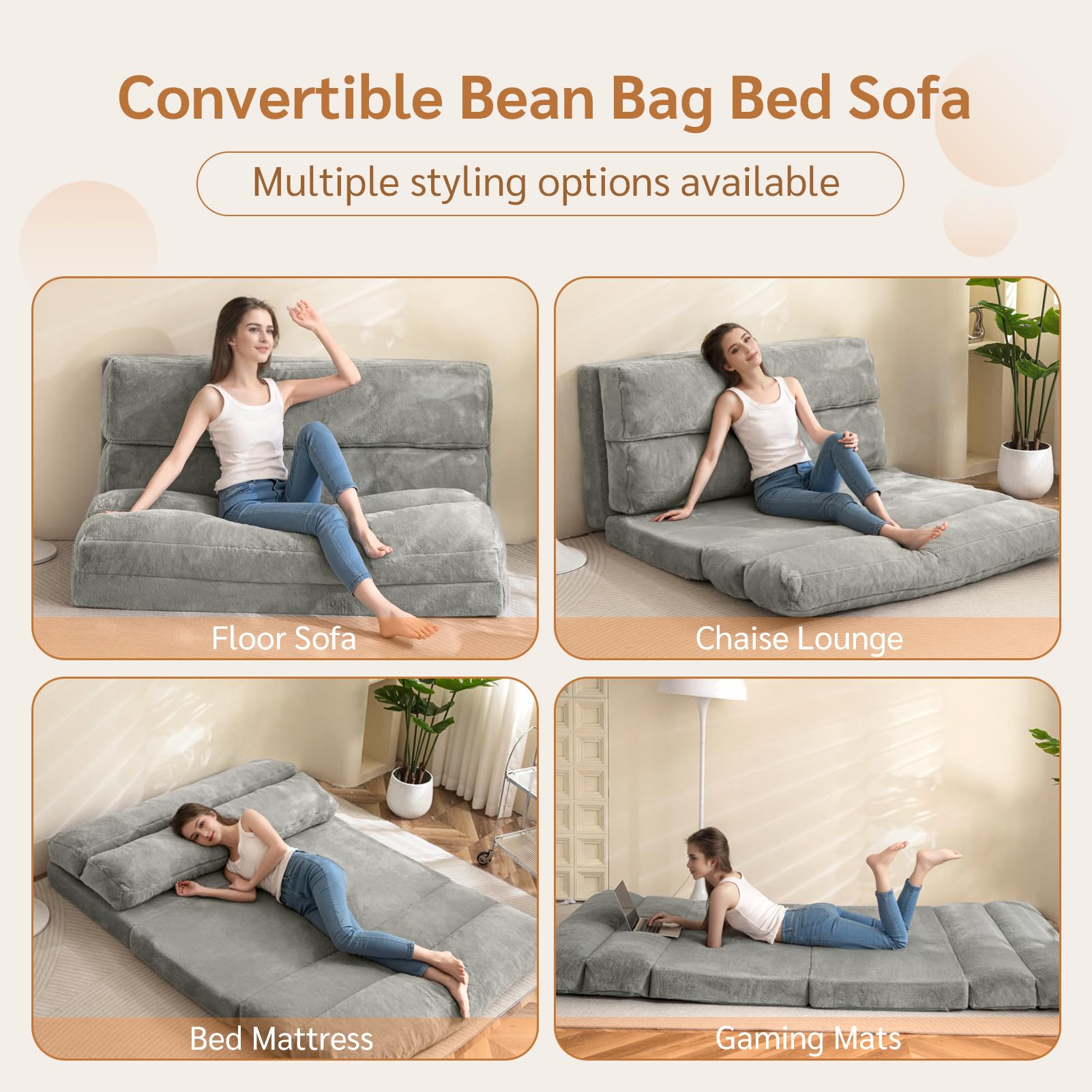 MAXYOYO Extra Wide Foldable Bean Bag Bed - Convertible Sofa to Floor Mattress for Adults, Grey - Perfect for Lounging, Guest Beds & Small Space Living