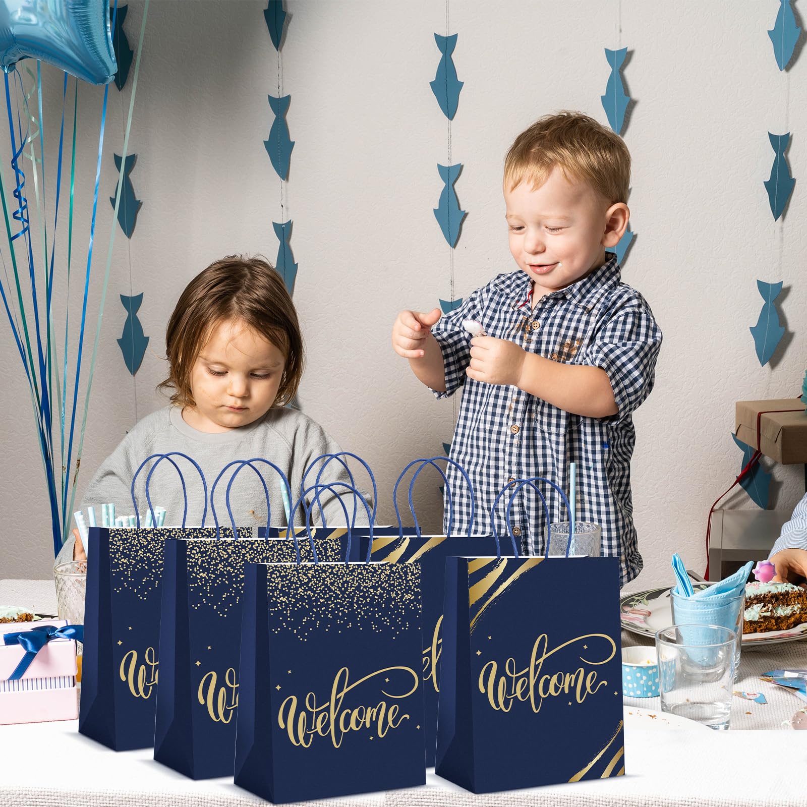 50 Pack Welcome Gift Bags with Handles & Tissue Paper - Navy Blue Kraft Paper Favor Bags for Church, Wedding, Birthday Party, Hotel Guests & Special Events - Bulk Party Supplies for Warm Welcome Gifting