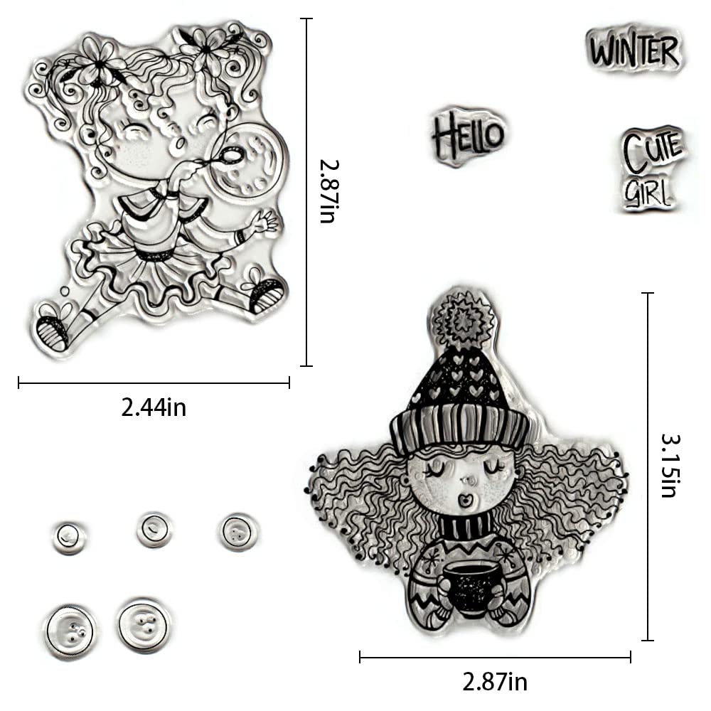 2 PCS Princess Girl Clear Stamps for Card Making - Hello Winter Words Transparent Rubber Stamps, Cute Dress Silicone Stamps for DIY Scrapbooking, Photo Albums & Craft Decorations - Perfect for Winter Greeting Cards, Holiday Crafts & Kids Art Projects