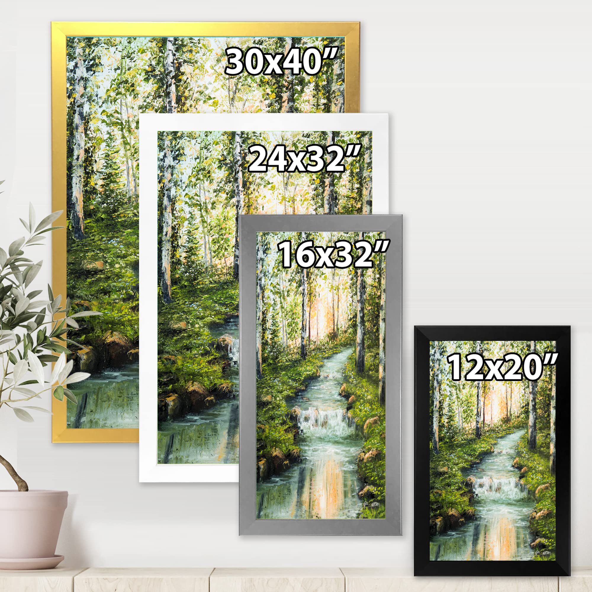 River Through Birch Forest Lake House Framed Wall Art - Nature Landscape Painting for Living Room, Bedroom & Office Decor