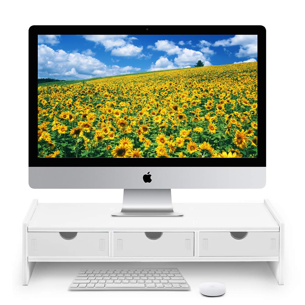 Adjustable Monitor Stand Riser with 3 Storage Drawers - White Desktop Organizer for Computer & Laptop (19.5
