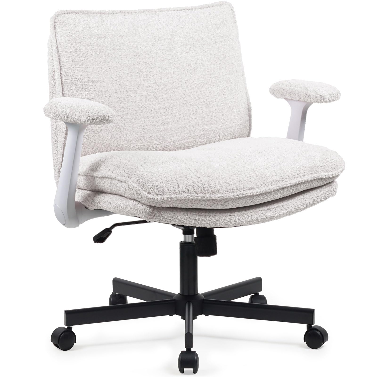 Ergonomic Cross-Legged Office Chair with Wheels & Flip-Up Armrests - Comfortable Upholstered Criss Cross Desk Chair for Home Office, Study, Vanity & Small Spaces - Beige Modern Seat for Working, Reading & Relaxing