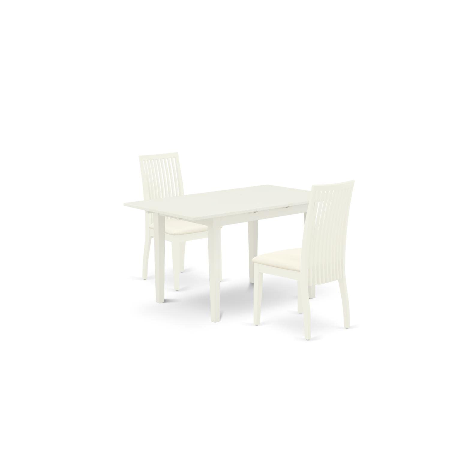 East West Furniture NOIP3-LWH-C 3-Piece Kitchen Dining Set with Extendable Table & 2 Fabric Chairs, 32x54 Inch, Linen White - Perfect for Small Spaces, Breakfast Nooks & Cozy Apartments