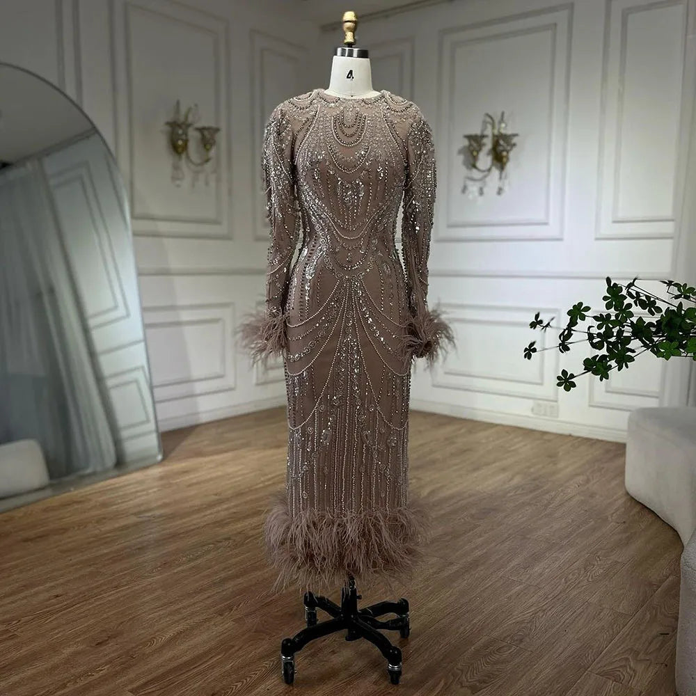 Serene Hill Bling Caramel Mermaid Arabic Evening Dress with Feather & Pearls - Women's Prom Formal Gowns for Wedding, Party & Special Occasions | Elegant LA72482 Dress for Night Out & Red Carpet Events