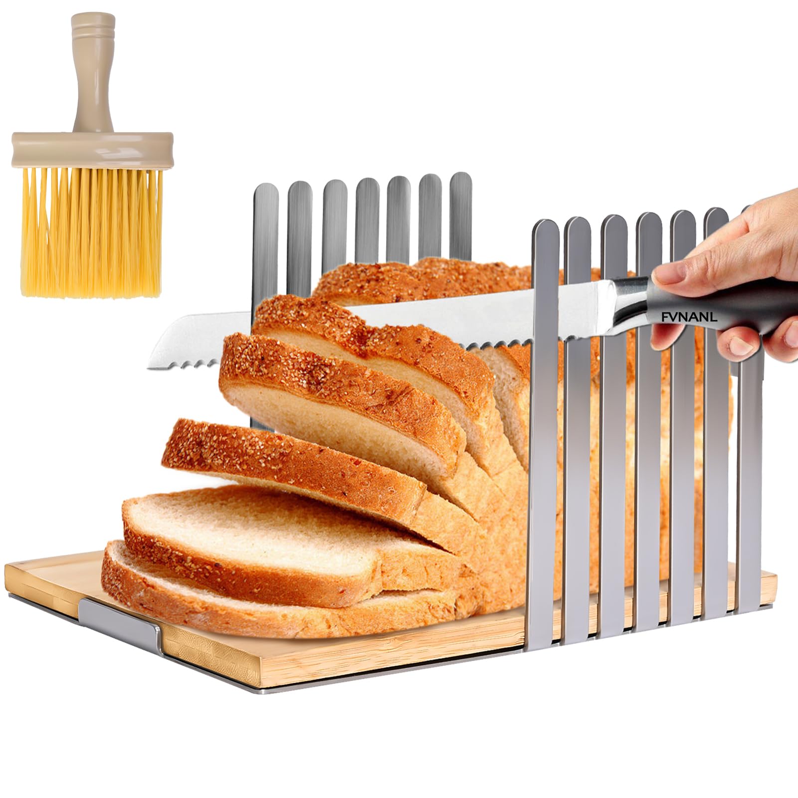 Premium Stainless Steel Bread Slicer for Sourdough & Homemade Bread - Bamboo Cutting Board & Cleaning Brush Included - Perfect for Kitchen, Baking Enthusiasts & Gift Giving