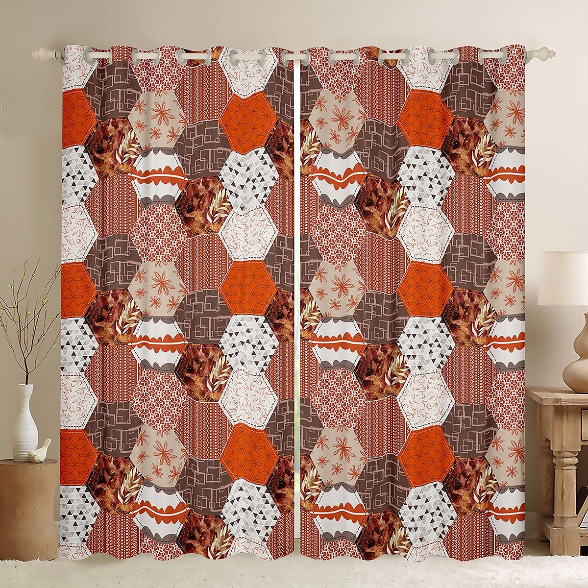 Colorful Hexagon Print Honeycomb Window Curtains for Kids Room - Modern Geometric Pattern Grommet Top Window Treatments (2 Panels, 76