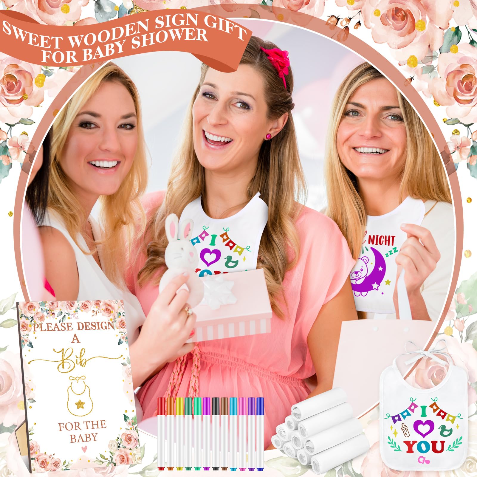 Panitay 100 Pcs DIY Baby Bibs Decorating Kit - 50 White Bibs, 25 Stencils, 24 Fabric Markers & Baby Shower Game Sign (Flower Design) for Creative Baby Shower Activities & Personalized Gift Making