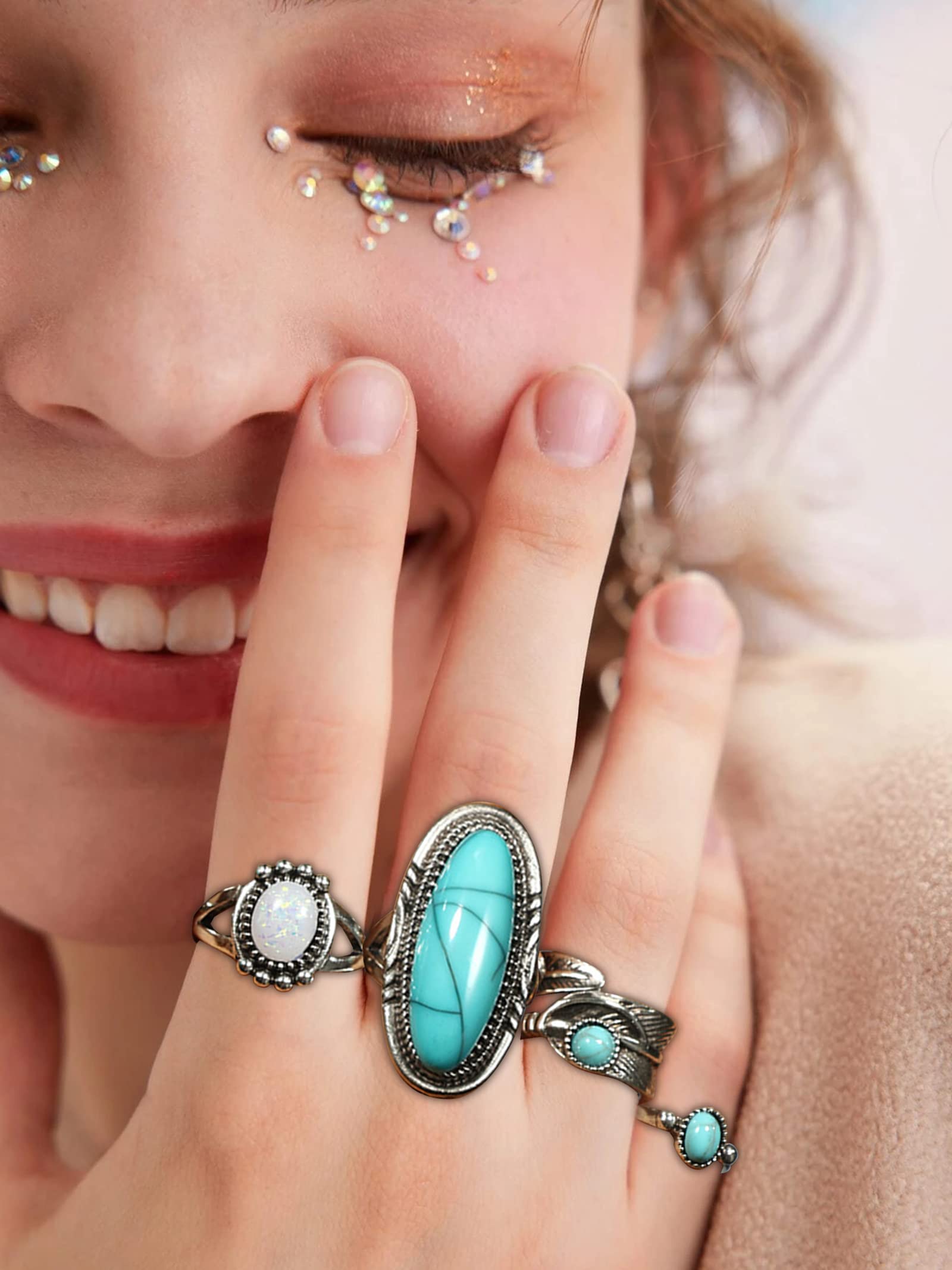 Harry and Henry Turquoise Ring Set - Vintage Western Jewelry for Women, Boho Stackable Knuckle Rings, Trendy Gemstone Jewelry | Perfect for Casual Wear, Music Festivals & Boho Fashion