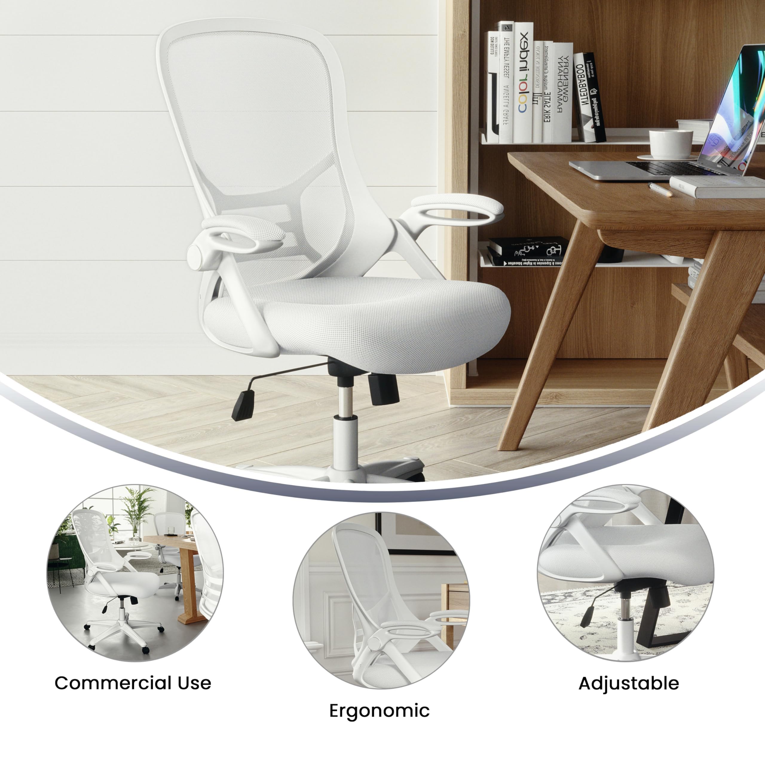 Flash Furniture Porter High-Back Swivel Office Chair with Adjustable Lumbar Support & Height - Ergonomic Mesh Desk Chair with Flip-Up Armrests, White - Perfect for Home Office, Gaming & Workspaces
