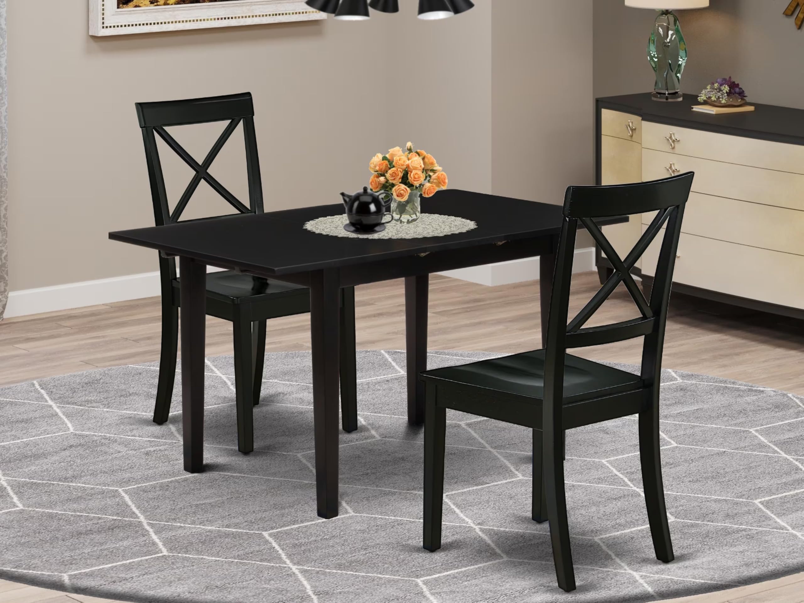 Modern 3-Piece Dining Table Set with Butterfly Leaf & 2 Chairs - 32x54 Inch Black Wooden Kitchen Table - East West Furniture NOBO3-BLK-W - Perfect for Small Spaces, Apartments & Contemporary Dining Rooms