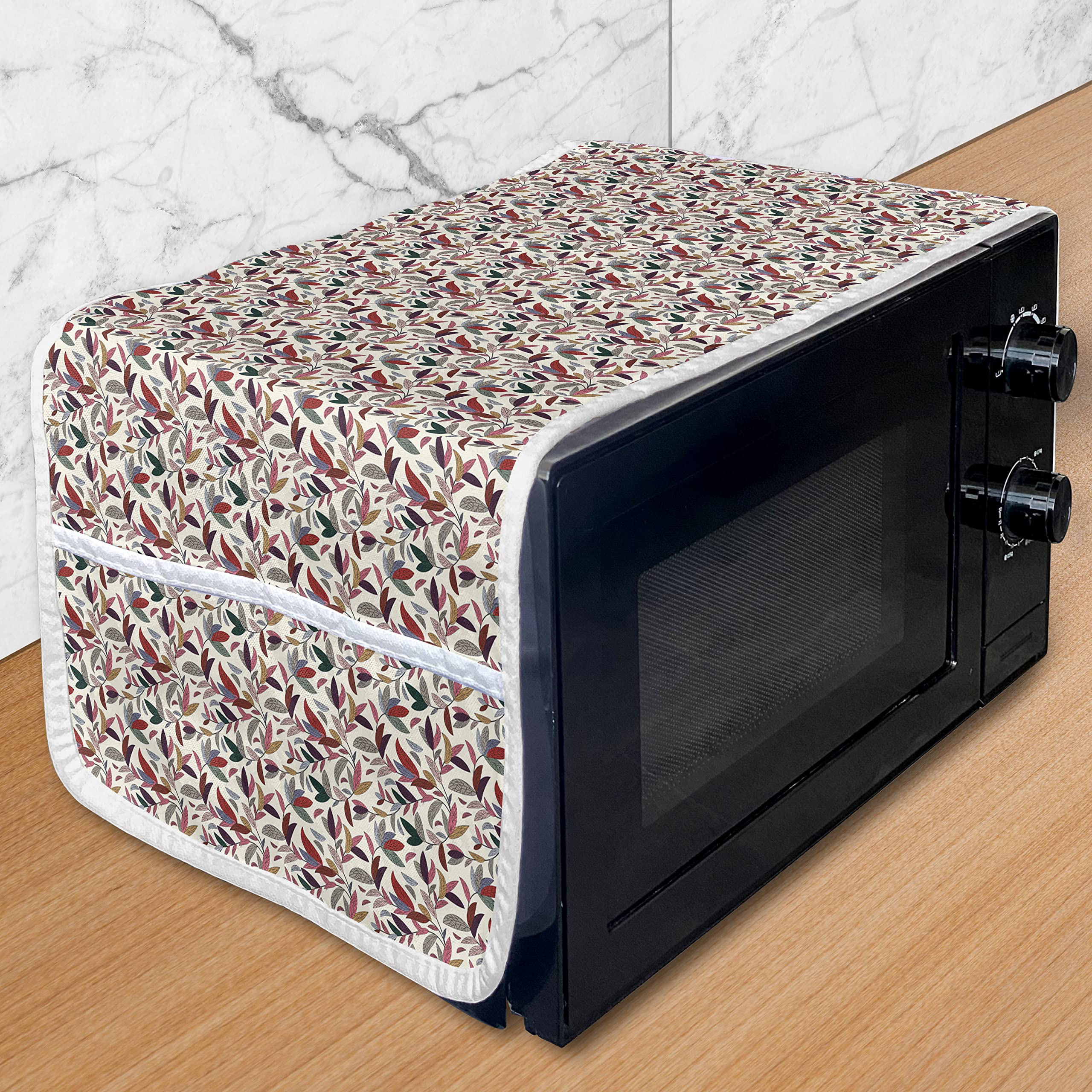 Ambesonne Floral Microwave Cover - Waterproof Kitchen Organizer with Pockets, Hand-Painted Flower & Leaf Design on Cream Background, 36