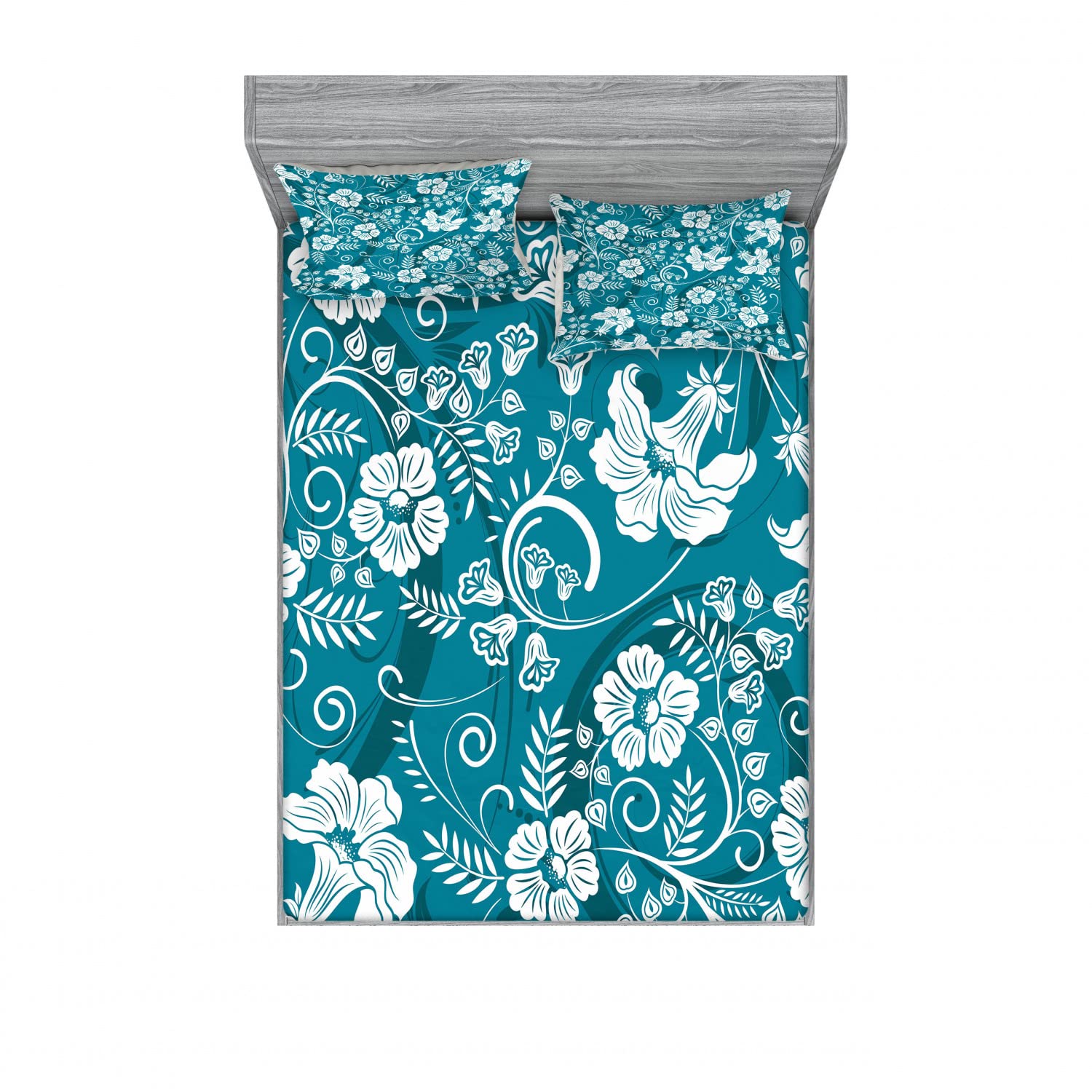 Ambesonne Floral Queen Size 2-Pack Fitted Sheet & Pillow Sham Set - Romantic Beams Pattern in Petrol Blue Teal White - 4 Piece Bedding Decor for Master Bedroom or Guest Room