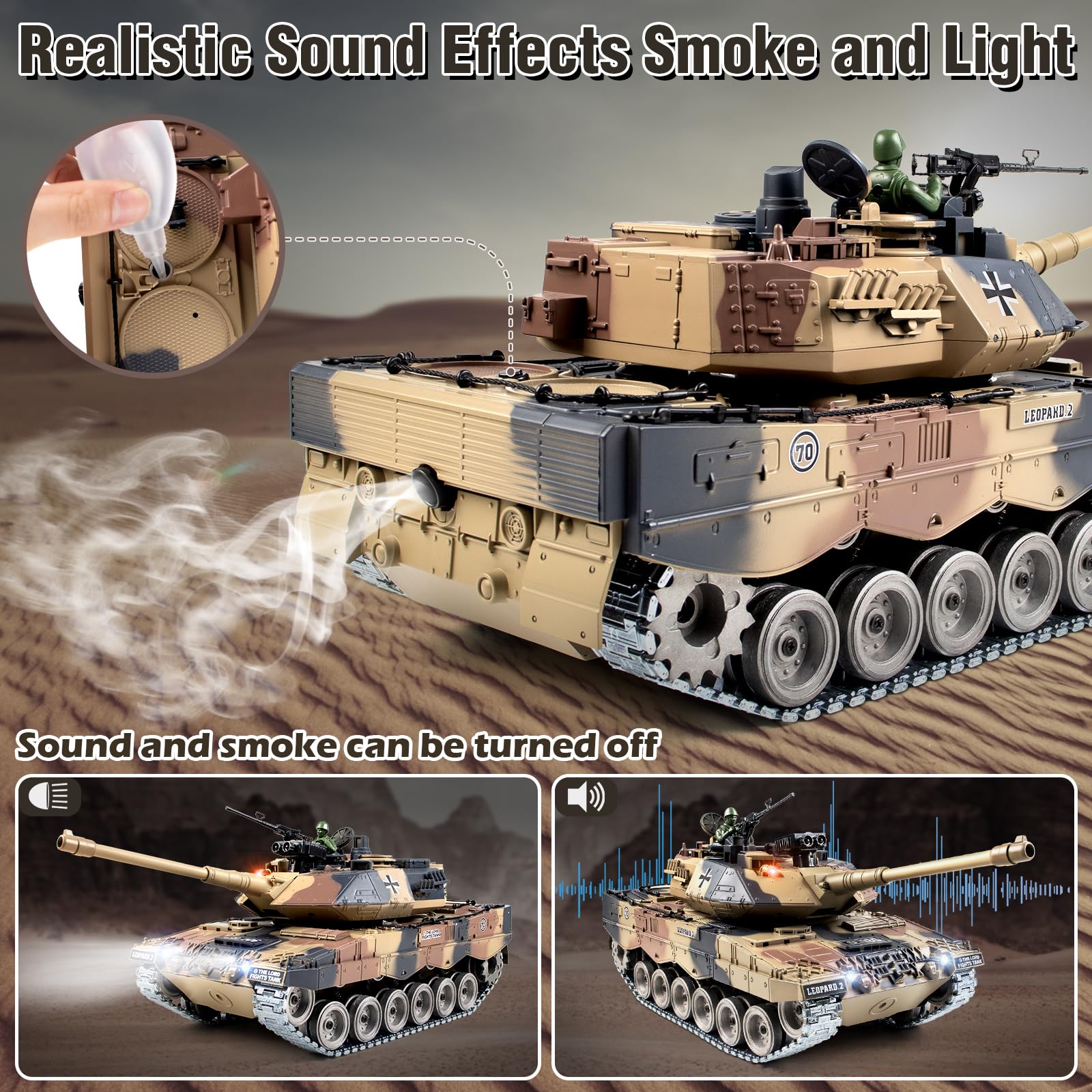 1:18 Scale German Leopard II RC Tank - 2.4Ghz Remote Control Military Vehicle with BBS Shooting, Water Bombs, Smoke, Sound Effects & LED Lights - Realistic Recoil Action Toy for Adults & Kids | Battle Simulation, Outdoor Play & Collection Display
