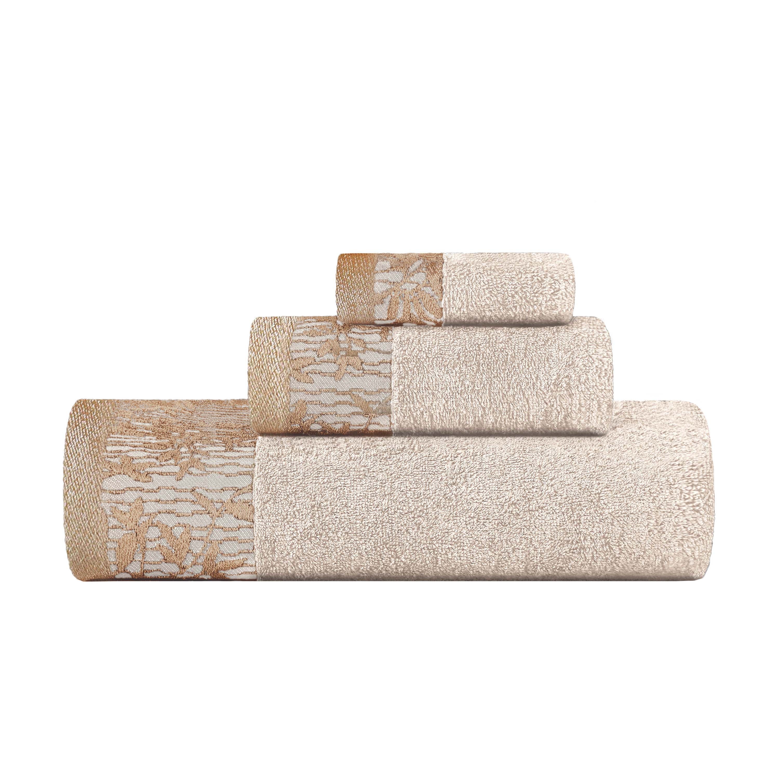 Wisteria Cotton Floral Embroidered Jacquard Border 3-Piece Bath Towel Set - Soft & Absorbent for Bathroom, Spa, and Guest Use