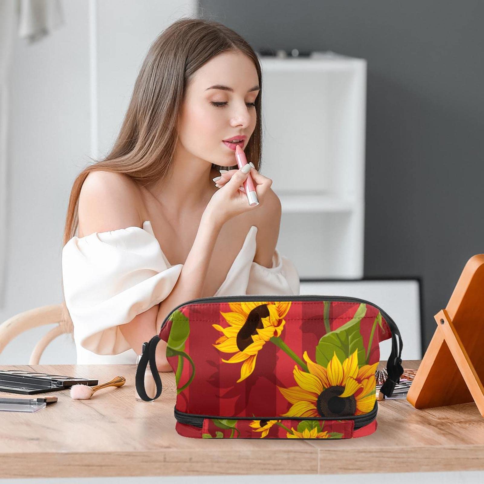 Large Makeup Bag for Women Travel - Waterproof Cosmetic Organizer with Modern Stripe Sunflower Design, Toiletry Bag for Makeup Brushes & Skincare Products (Perfect for Travel, Gym & Daily Use)