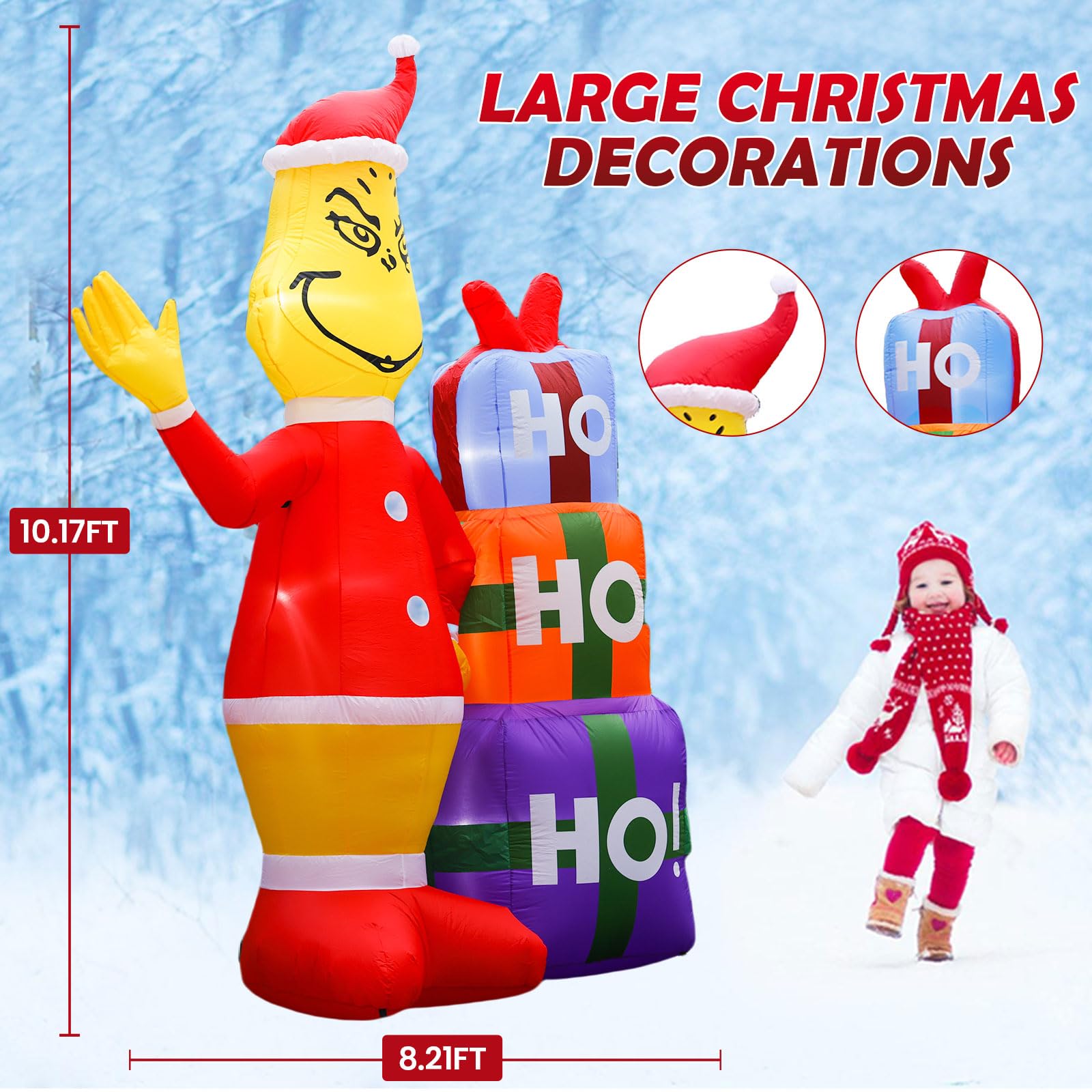 10FT Christmas Green Hair Monster Inflatable Outdoor Decoration with Built-in LED Lights - 3 Gift Boxes Included | Perfect for Holiday Yard Decor, Christmas Party Decorations, and Festive Garden Displays