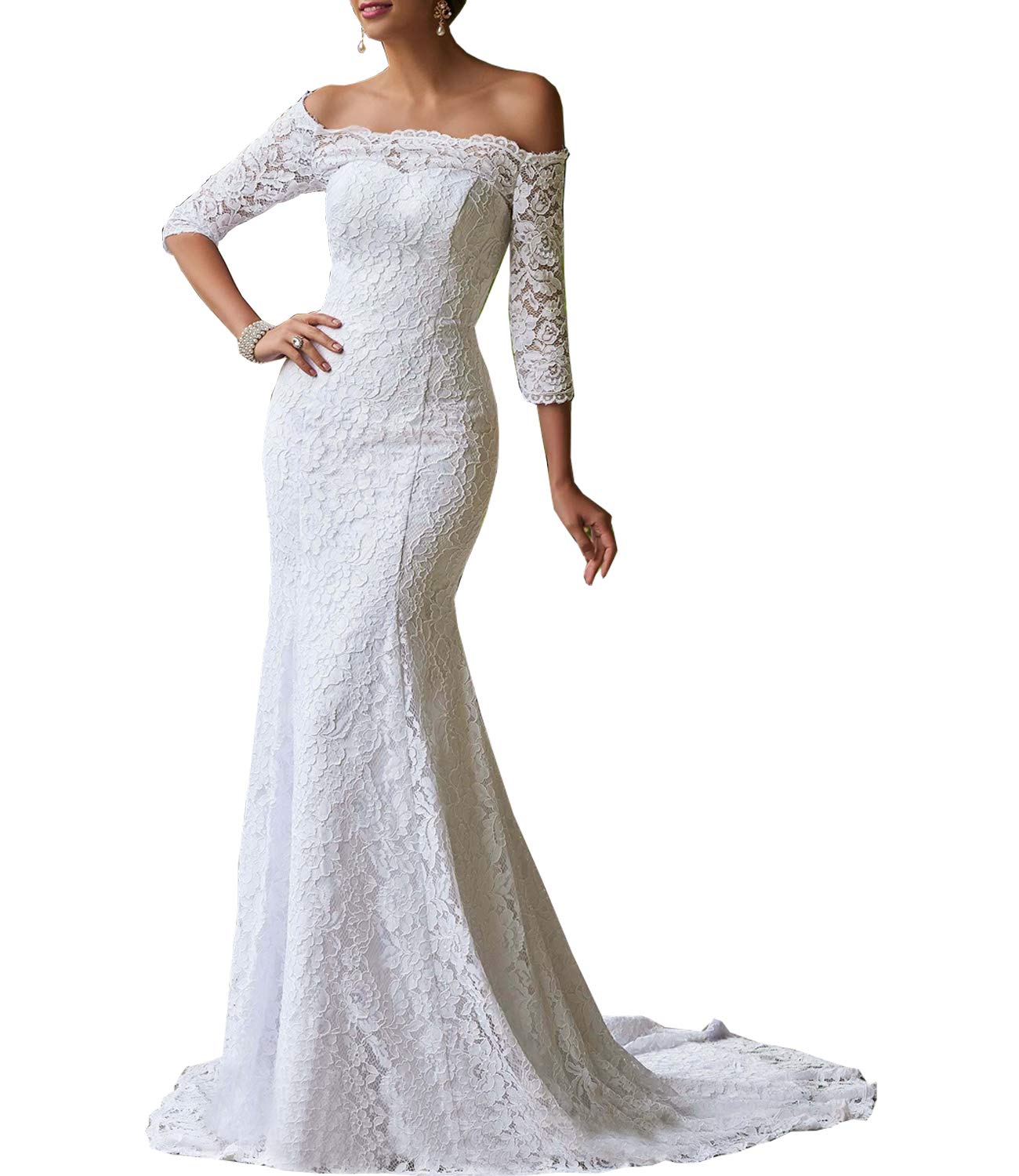 Elegant Off Shoulder Mermaid Wedding Dress with 3/4 Sleeves & Lace Detailing - Long Train Bridal Gown for Beach, Church, or Formal Ceremonies