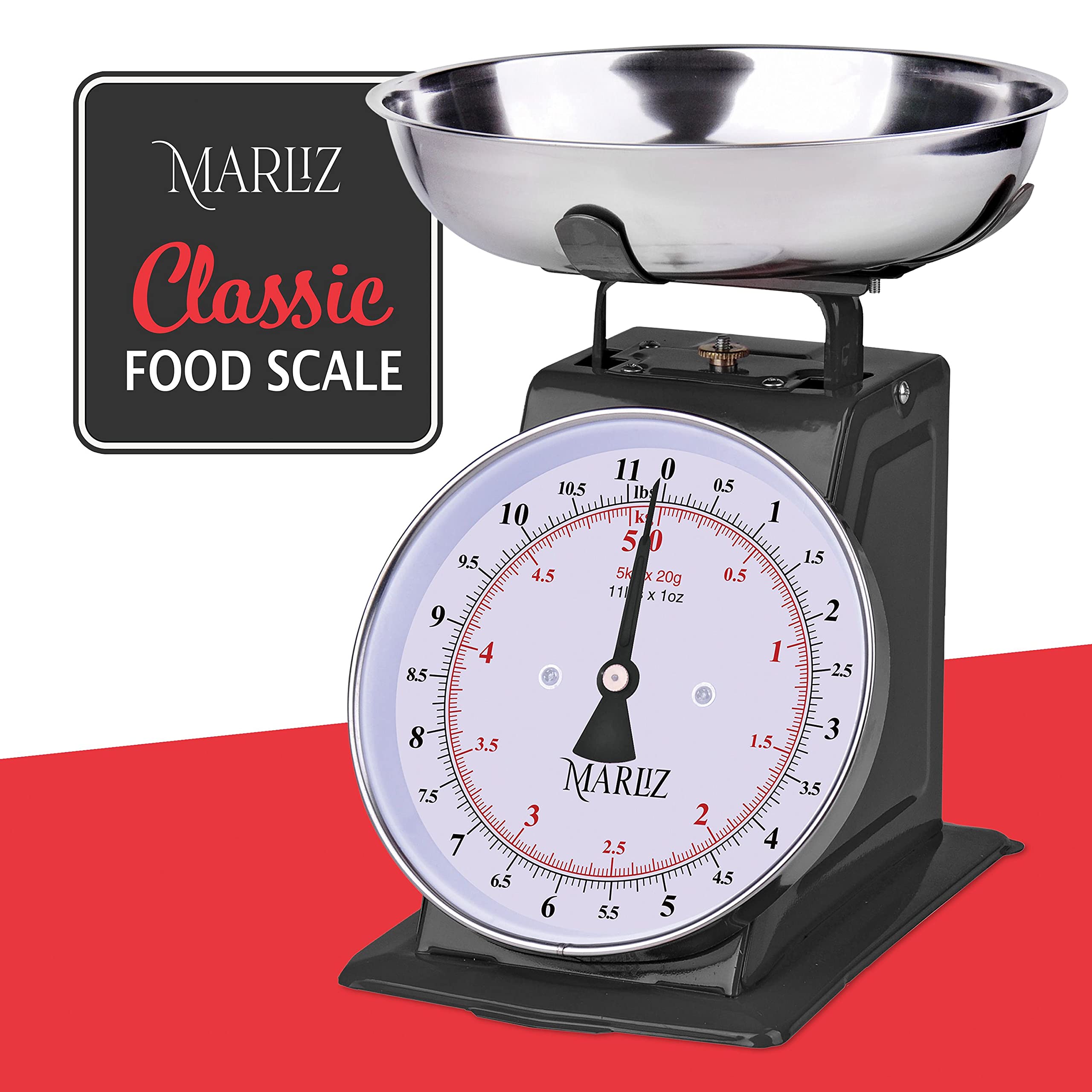 Vintage MARLIZ Kitchen Scale 11Lb/5Kg with 2 Bowls - Mechanical Dial Food Scale for Baking, Cooking & Meal Prep | Black Baker's Scale for Home & Professional Kitchens